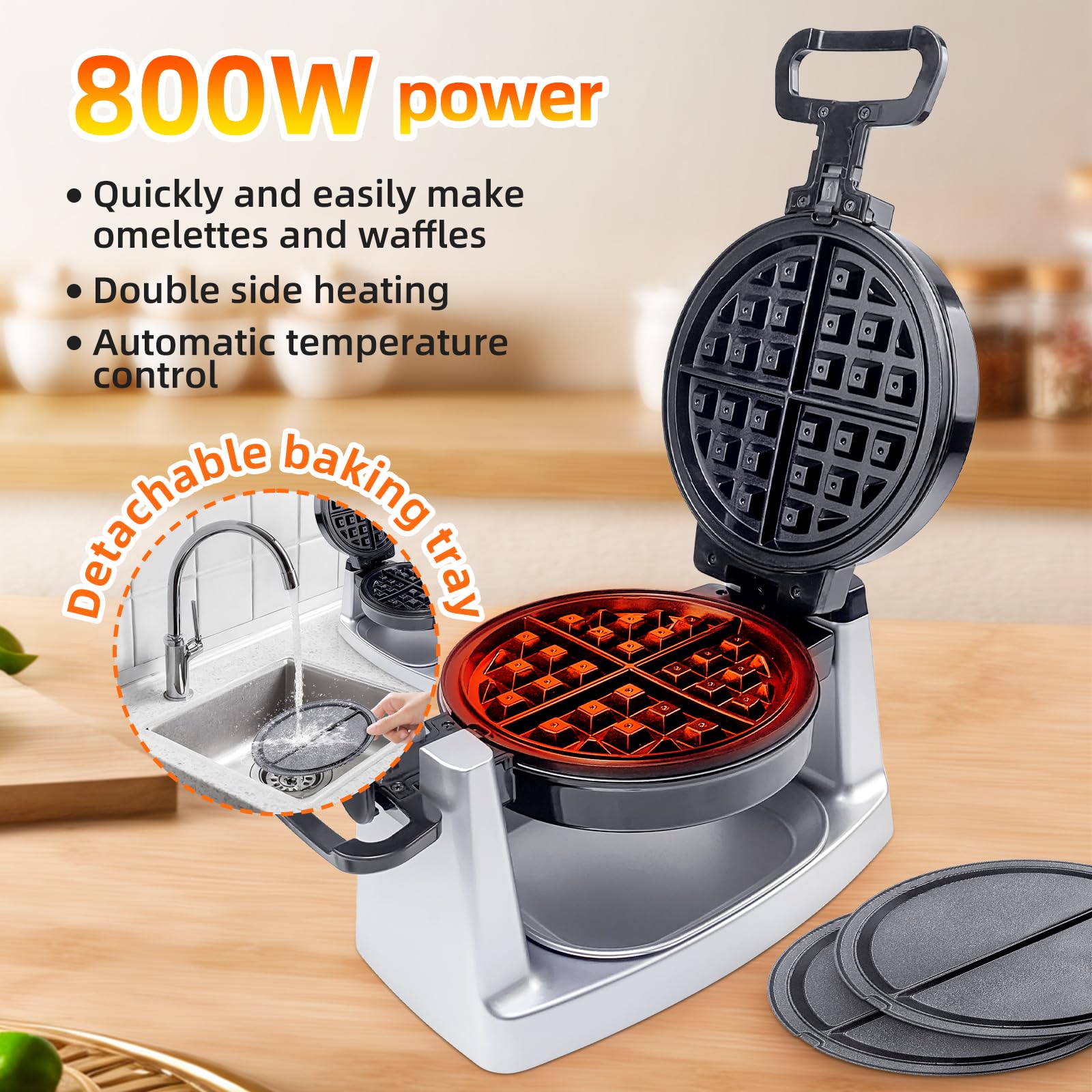 2-in-1 Rotating Waffle Maker & Omelet Maker with Removable Non-Stick Plates - 180° Belgian Waffle Iron for Perfect Breakfast & Brunch - Ideal for Home, Kitchen, Parties & Gifts