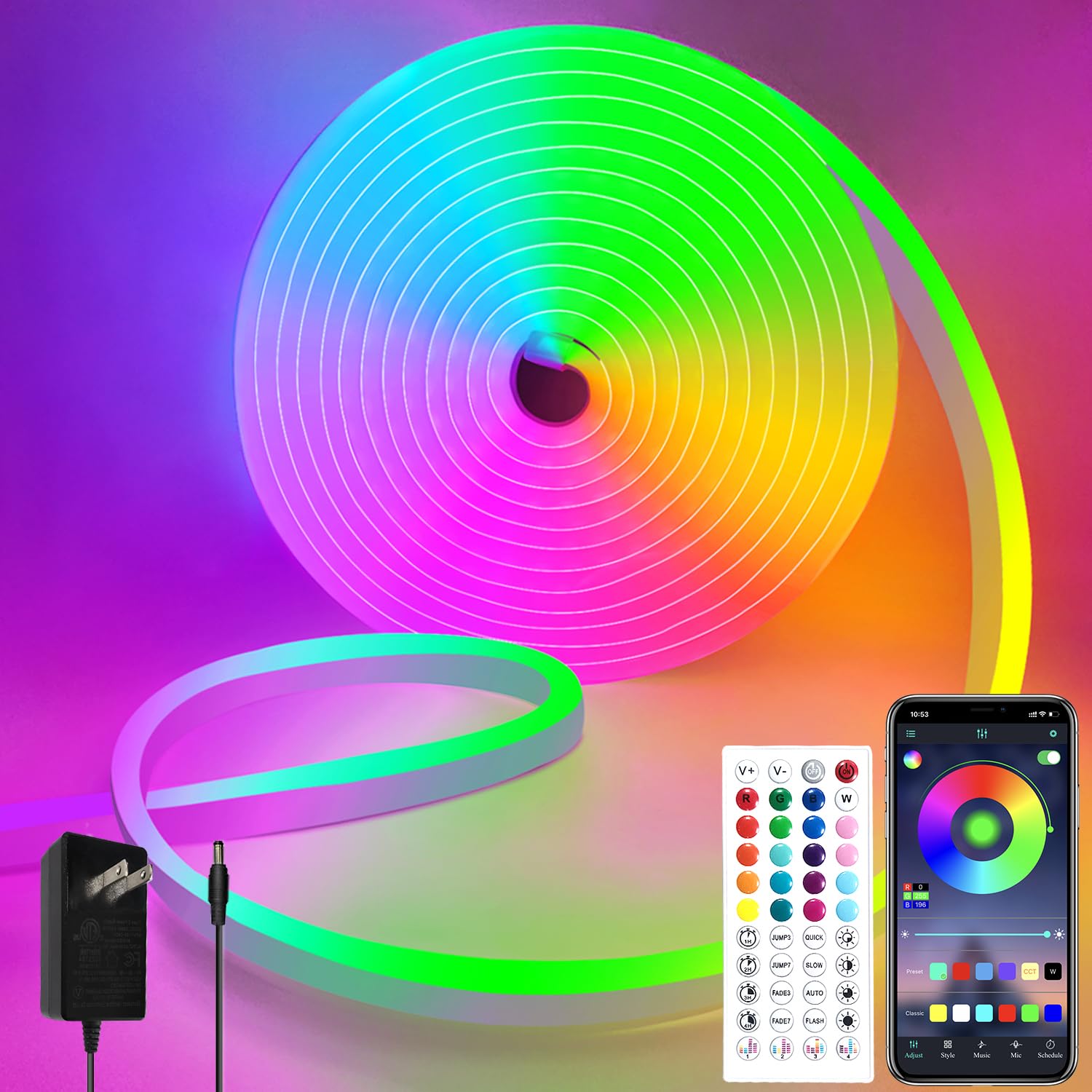 16.4Ft RGB LED Neon Rope Lights - Music Sync, IP65 Waterproof, Flexible Design with 44-Key Remote & APP Control - Outdoor/Indoor Neon Strip Lights for Bedroom Wall Decor, DIY Home Lighting, Party & Bar Ambiance