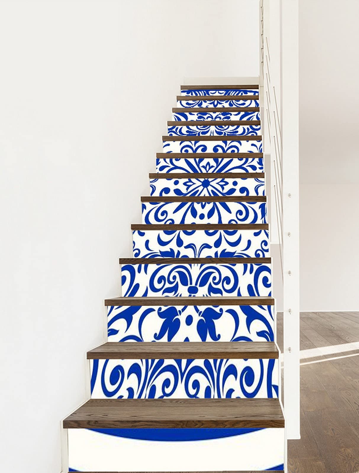 3D Self-Adhesive Removable Stair Stickers - Majolica Blue & White Azulejo Tile Design - Portuguese & Spanish Style Vinyl Decals for Stair Risers, Kitchen Backsplash & Wall Murals (13-Piece Set) - Perfect for Home Renovation, DIY Decor & Mediterranean Style Interiors