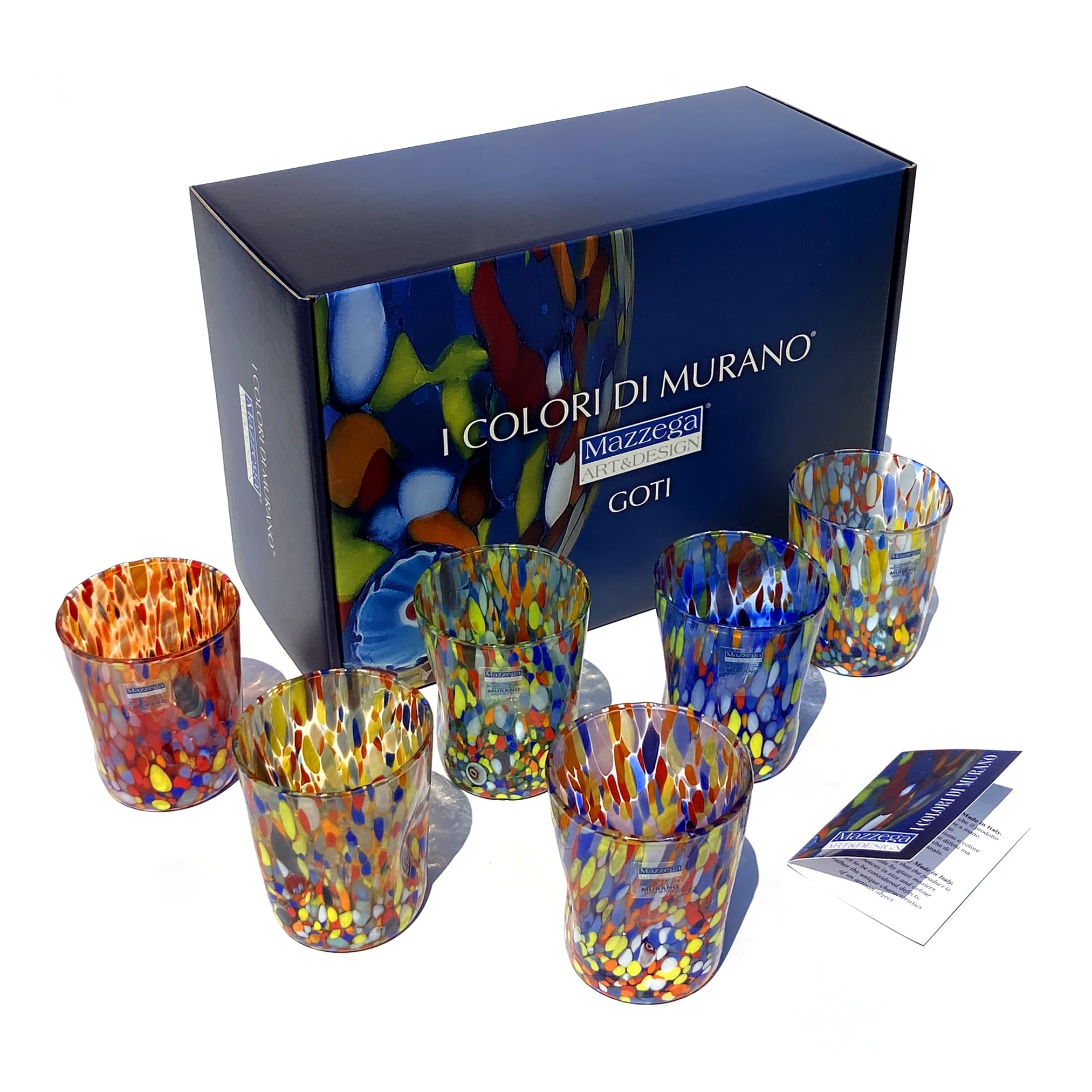 MAZZEGA ART & DESIGN - Handblown Murano Glass Goto Tumblers Set of 6 with Murrina, 350ml Italian Crafted Drinking Glasses - Authentic Murano Colors, 