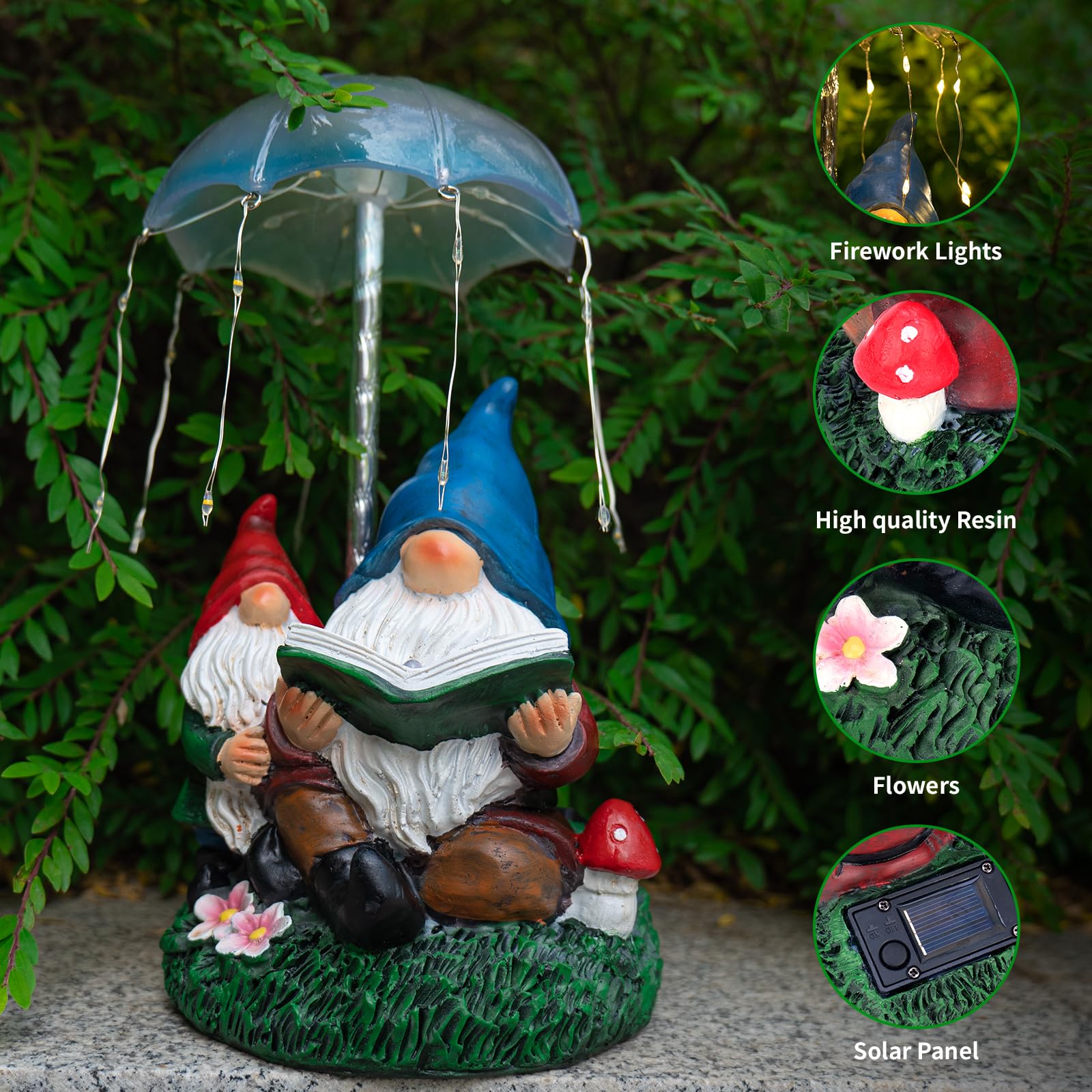 Solar Powered Garden Gnomes Statues - Outdoor Decor Resin Figurines with Umbrella Fireworks Lights - Perfect for Lawn, Patio, Backyard & Garden Decoration