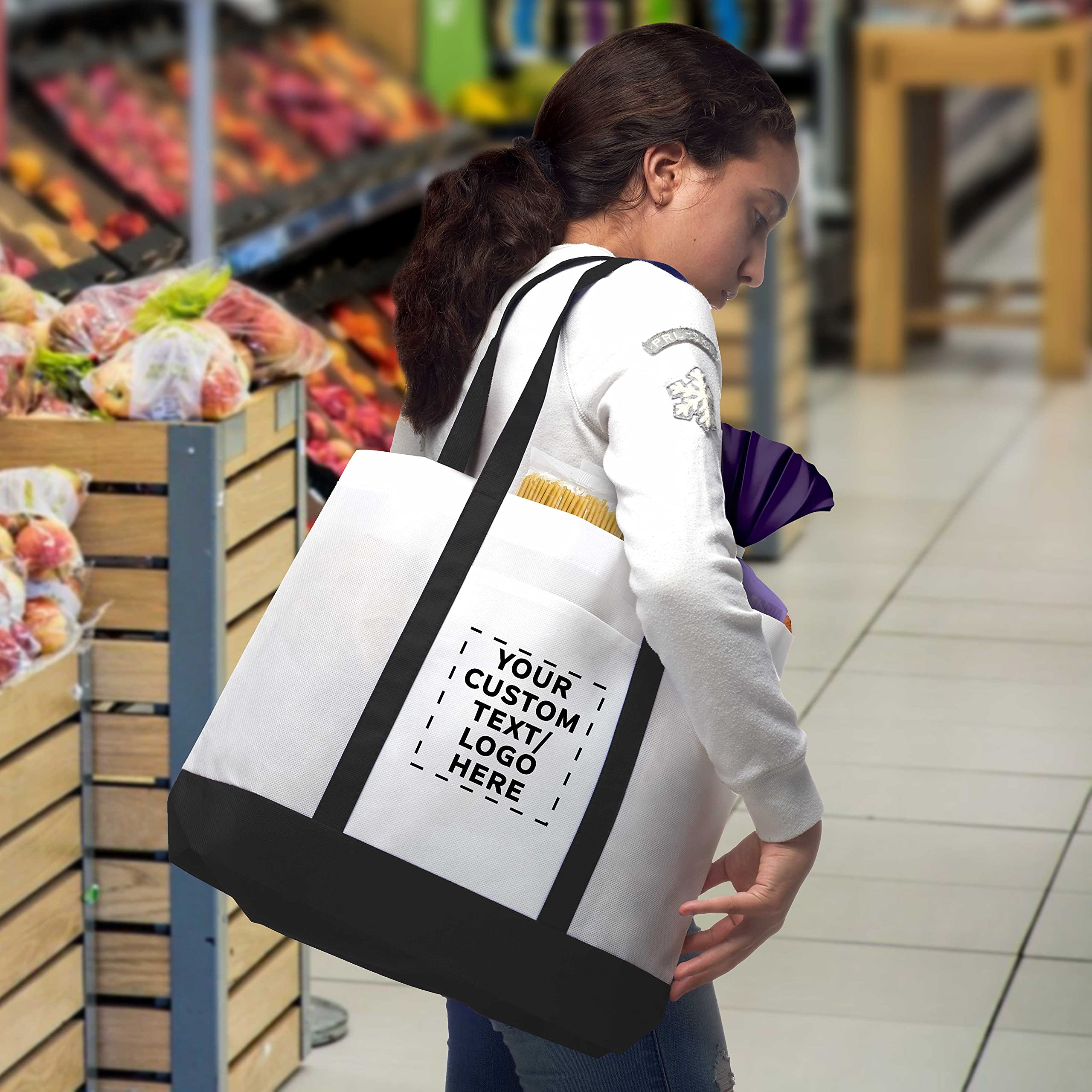 Customizable Non-Woven Tote Bags Set - 100 Durable & Water Resistant Trim Color Tote Bags with Front Pocket - 18