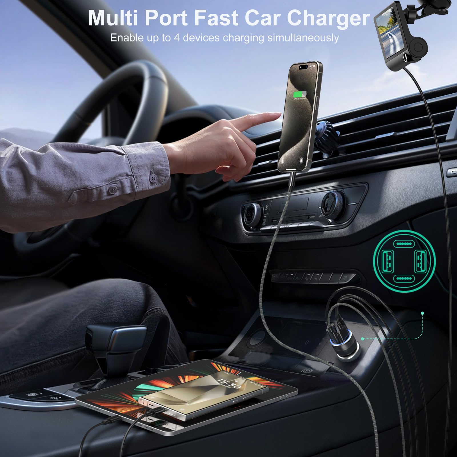 65W USB C Car Charger with QC/PD Fast Charging - 4 Port Cigarette Lighter Adapter for iPhone 16/15/14/13/12, iPad Pro & Samsung S24 - Dual 12V USB Car Phone Charger (Black) | Perfect for Road Trips & Multi-Device Charging On-The-Go