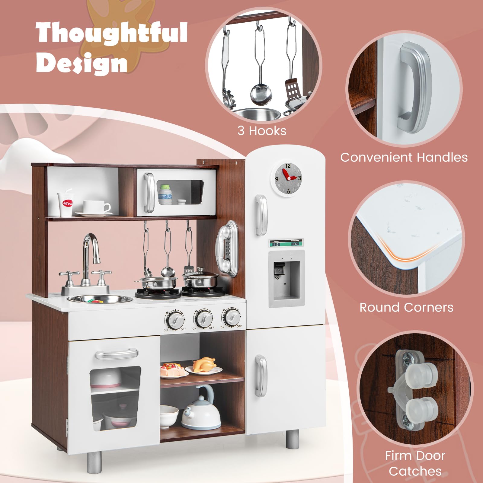 Costzon Wooden Kids Kitchen Playset with Utensils, Oven, Sink & Accessories - Pretend Play Cooking Toy for Toddlers Age 3+ (Brown) | Perfect for Imaginative Play, Birthday Gifts & Preschool Learning