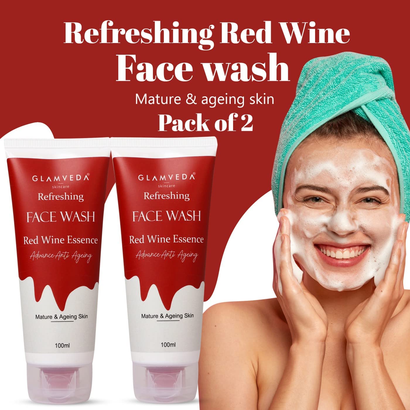 Glamveda Red Wine Anti-Aging Face Wash - Antioxidant Rich, Nourishing Facial Cleanser for Youthful Skin - Paraben & SLS Free - Pack of 2 - Perfect for Daily Skincare Routine & Anti-Wrinkle Care