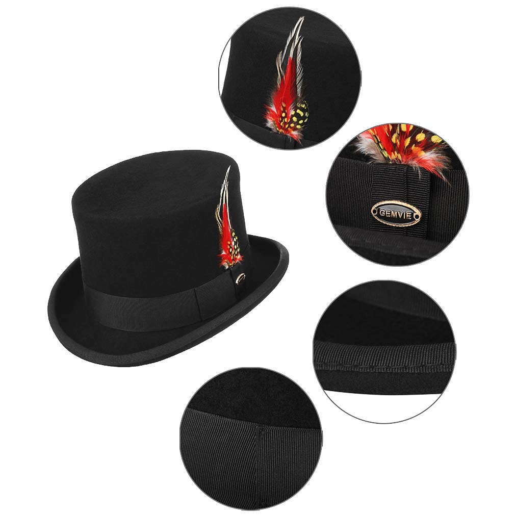 GEMVIE Men's 100% Wool Top Hat with Feather - Mad Hatter Style Satin Lined Low Top Hat for Magic Shows, Cosplay, and Victorian Costume Parties