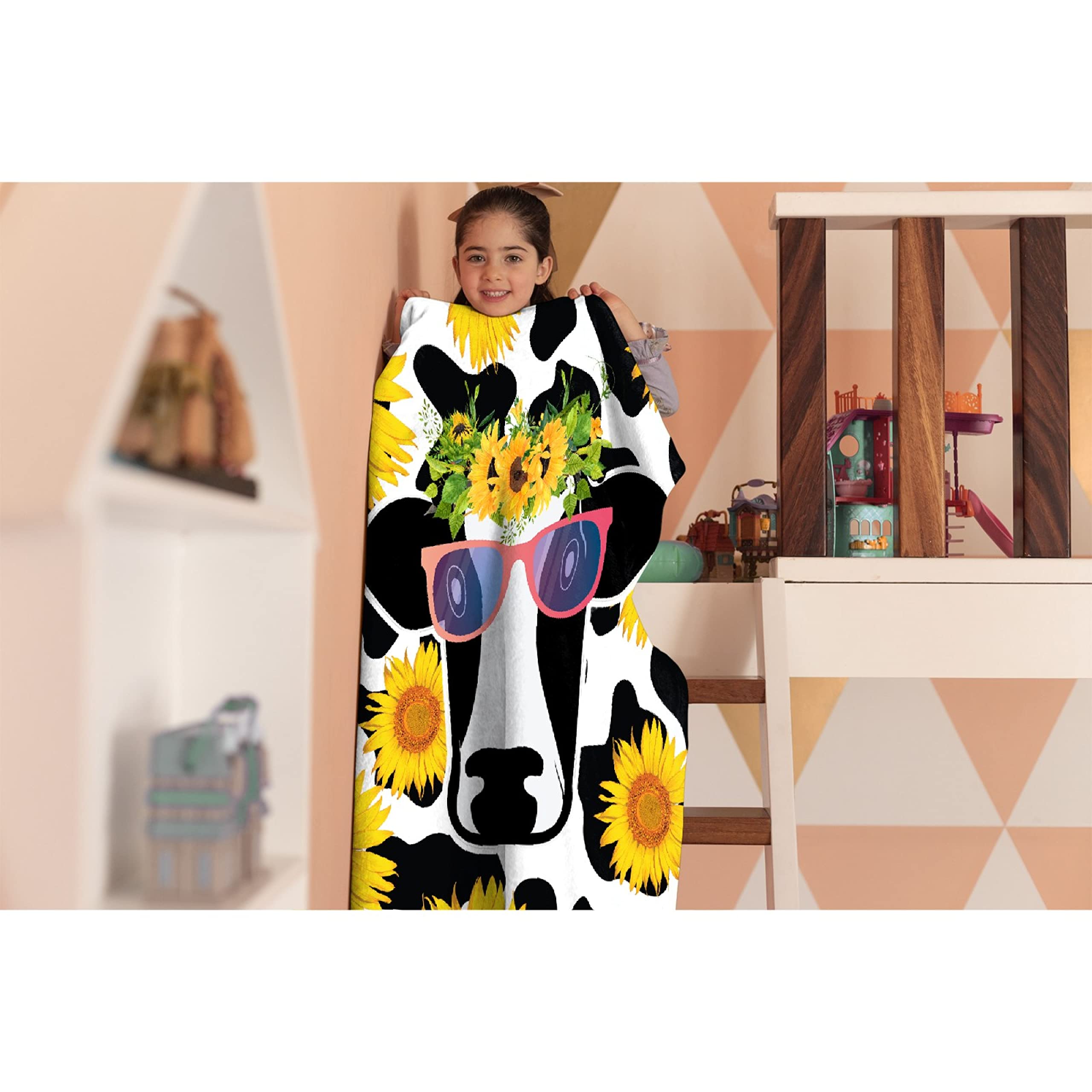 Sunflower Cow Print Plush Throw Blanket - Ultra Soft Lightweight Flannel Fleece Blanket for Baby Girls & Boys, Gifts - 120