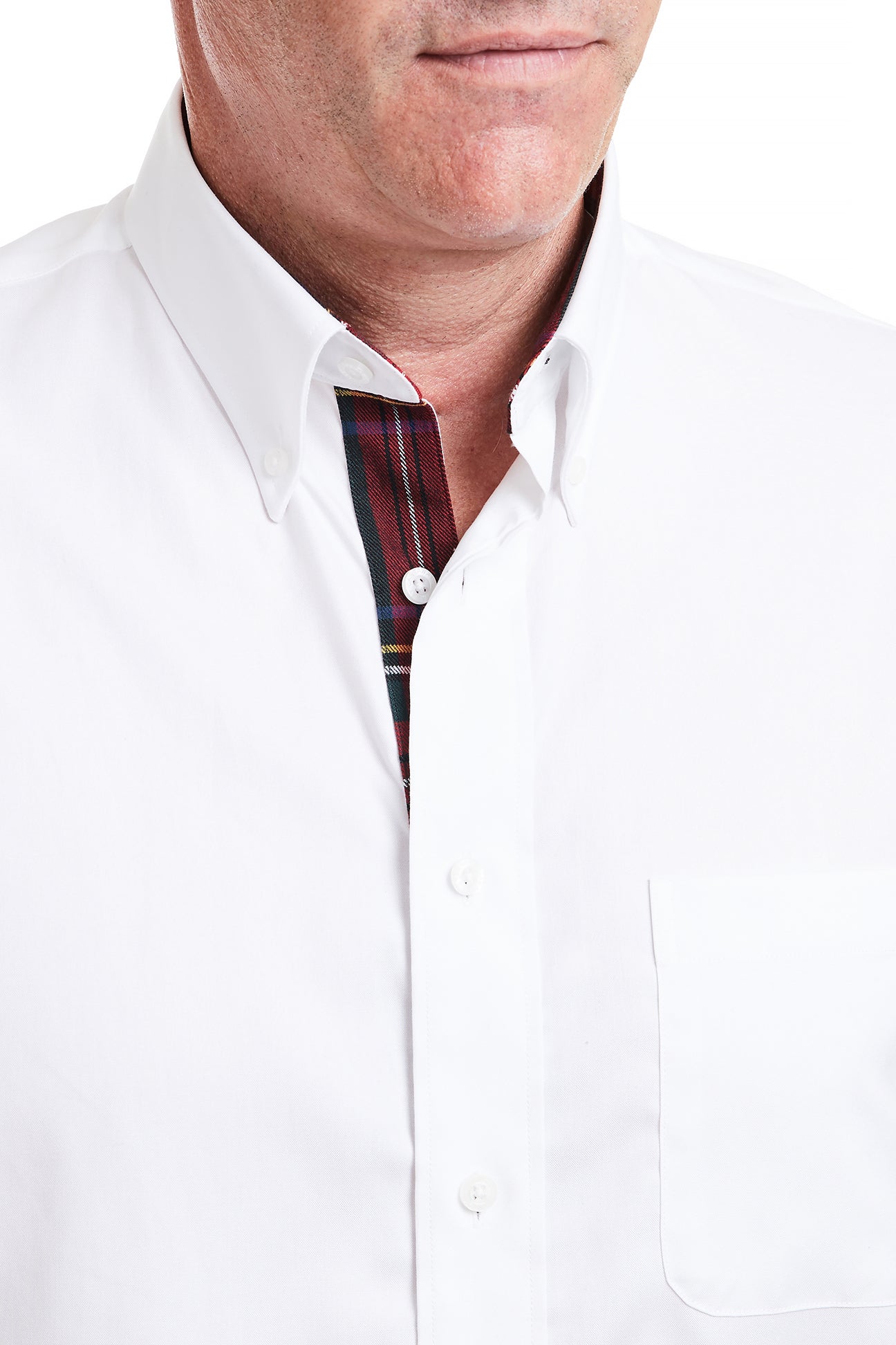 Men's White Oxford Shirt with Black Stewart Plaid Trim - Classic Button Down Dress Shirt for Office, Business Casual & Formal Occasions