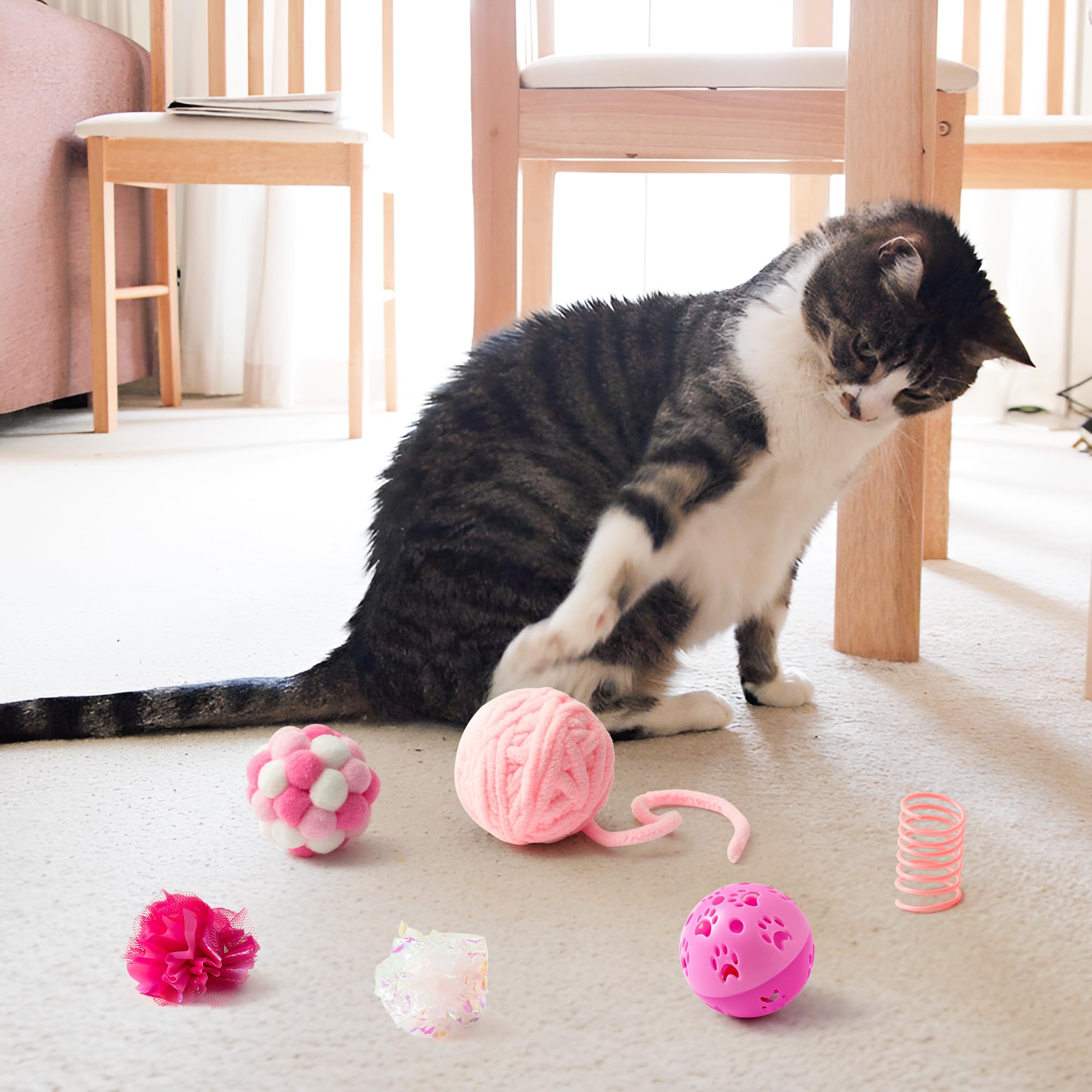 10Pcs Interactive Cat Toy Set - Feather Teaser Wand, Springs, Mice, Crinkle Balls & Bell Balls - Fun Puzzle Toys for Indoor Cats - Perfect Gift for Kitty Playtime (Pink) | Great for Boredom Relief & Exercise