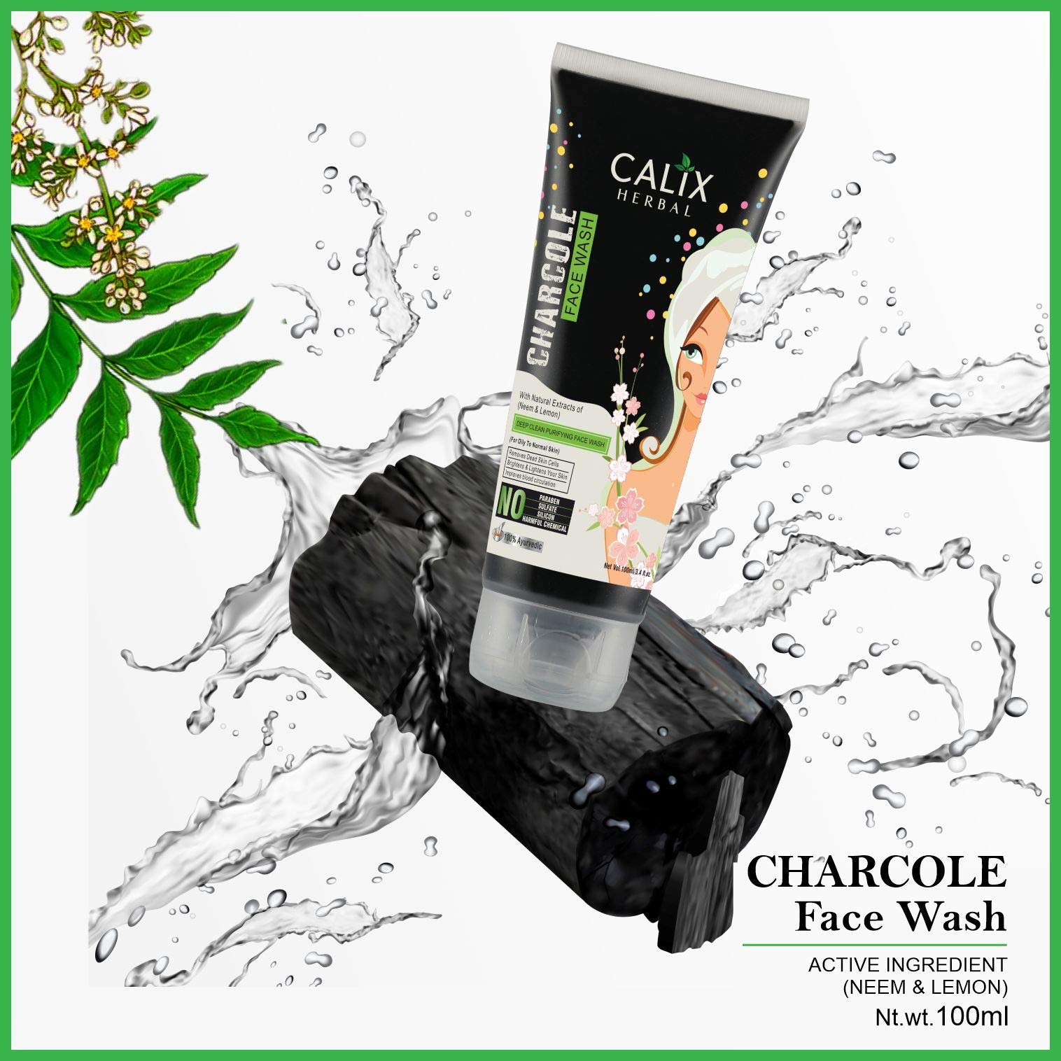 Calix Herbal Organic & Ayurvedic Charcoal Face Wash - Anti-Pollution, Exfoliating & Brightening Formula for Oily to Normal Skin | Oil Control & Acne Treatment | 100ml | Perfect for Daily Cleansing & Detoxifying Skin Routine