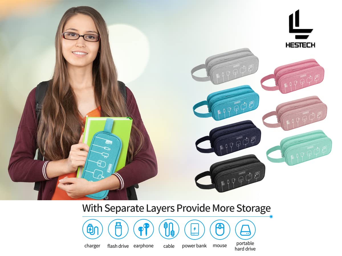 HESTECH Waterproof Electronics Organizer Bag - Double Layer Travel Charger Case for Cables, Mouse, Earbuds & USB Drives (Teal, Medium) | Portable Cord Storage Solution for Office, Travel & Home Use