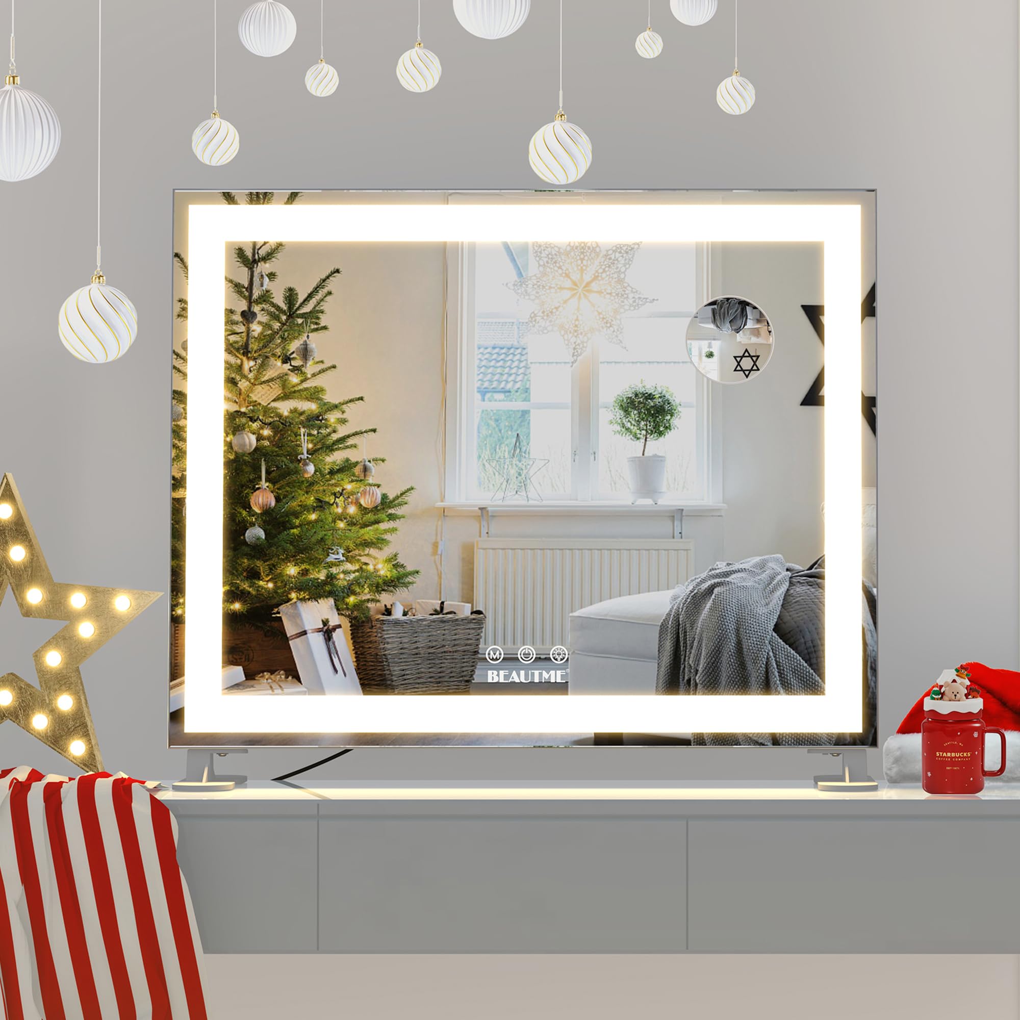 BEAUTME Hollywood Vanity Mirror with LED Lights, 10X Magnifying Mirror, Touch Control, 48.5x40.5cm Silver - Perfect for Makeup, Skincare & Dressing Table Beauty Routine
