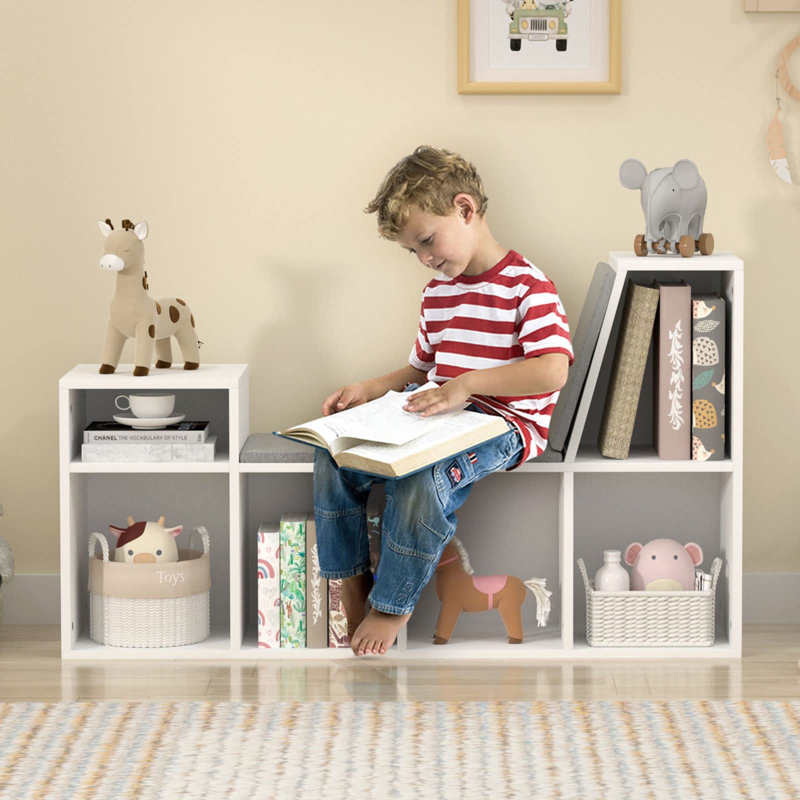 Kids Reading Nook with Storage - 6-Cubby Wooden Bookshelf & Bench Seat Organizer for Toddlers & Children - Perfect for Bedrooms, Classrooms & Playrooms (White)