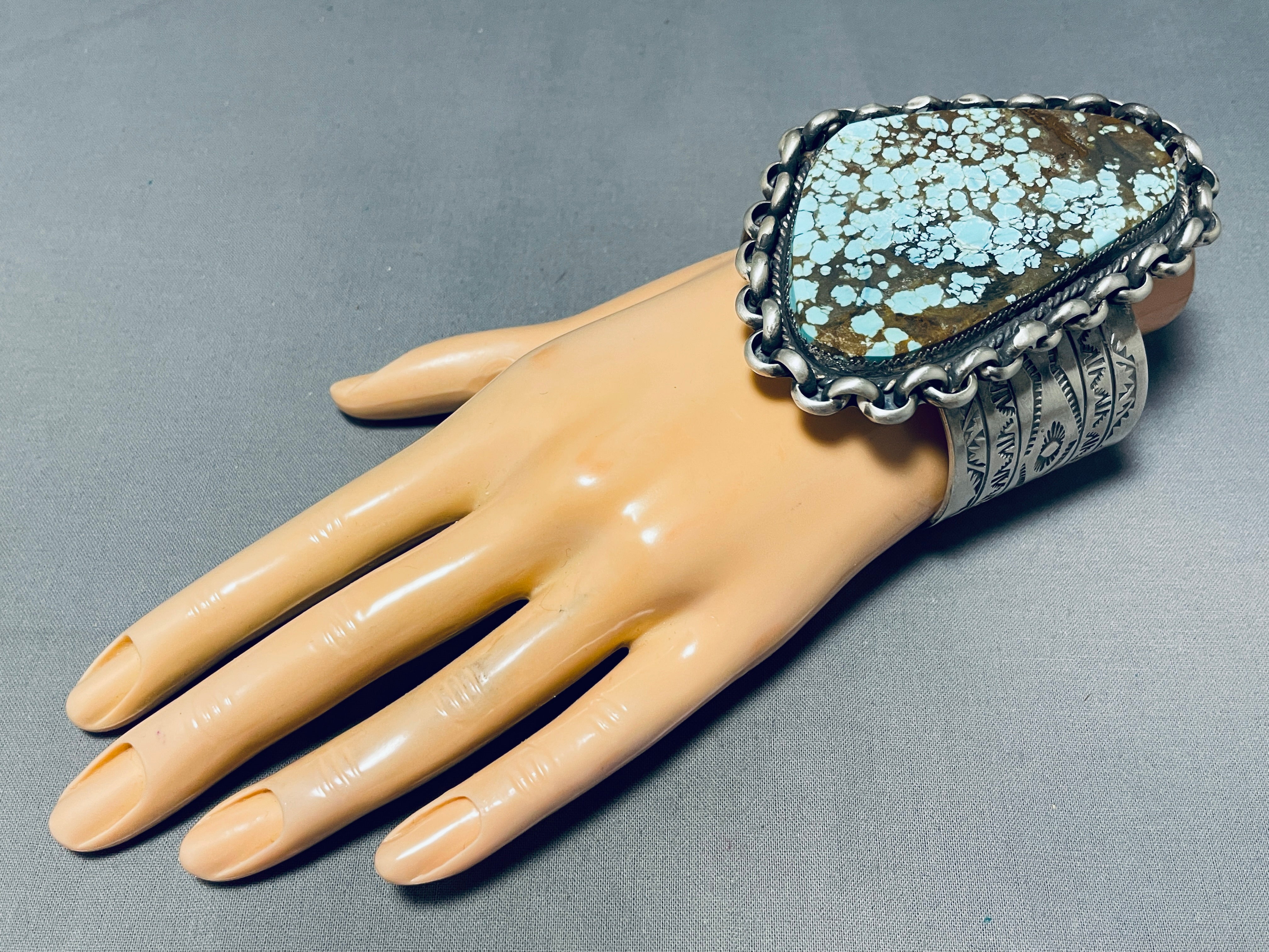 Authentic Native American Navajo Turquoise Sterling Silver Bracelet - 177g Handmade Interlocking #8 Design for Women, Perfect for Boho Fashion & Spiritual Healing Jewelry