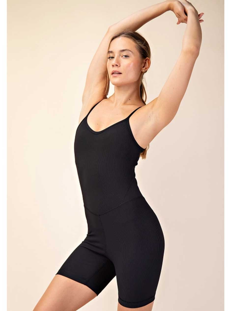 Rae Mode Women's Nylon Ribbed Spaghetti Strap Romper Jumpsuit - Black | Sexy Summer Outfit for Beach, Party & Casual Wear