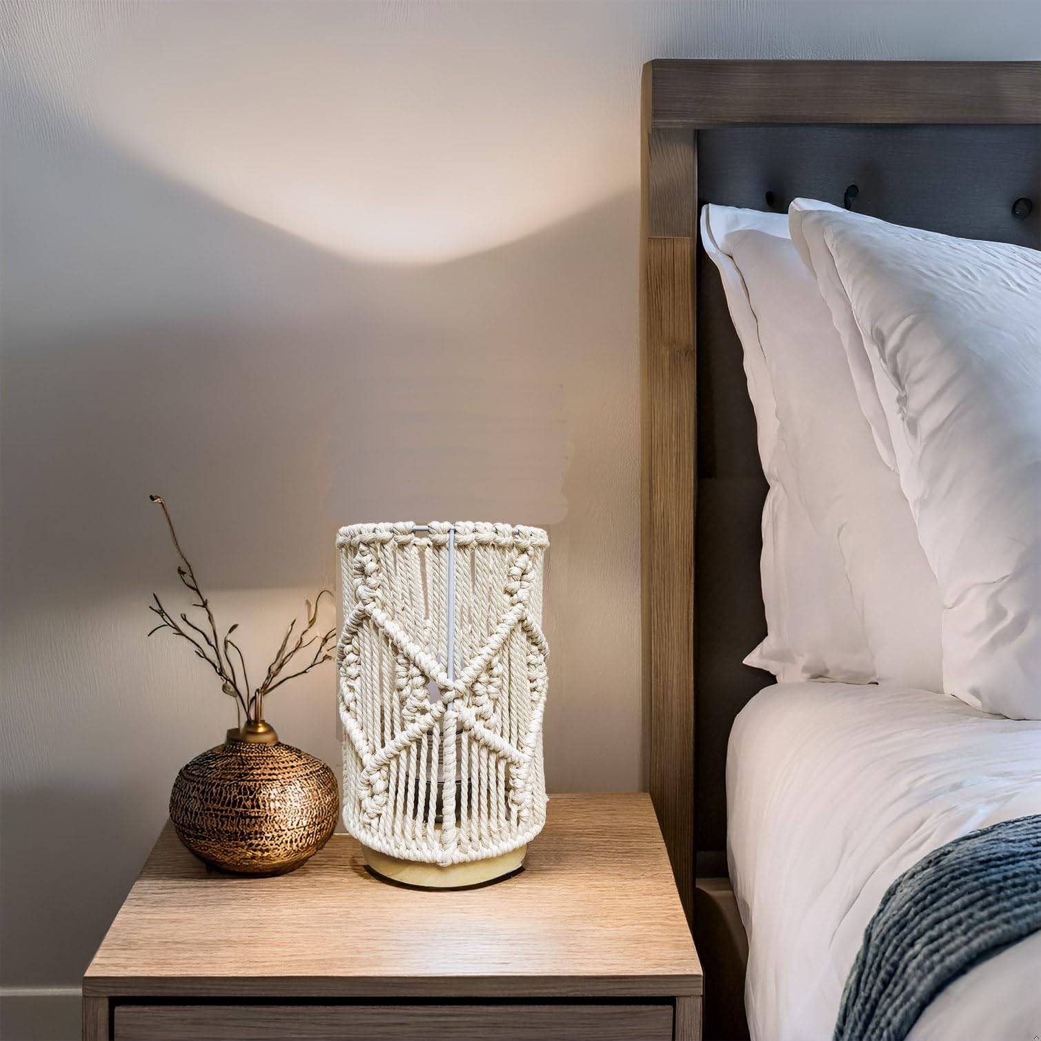 Boho Table Lamp with Hollow-Out Macrame Shade & Solid Wood Base - Handmade Decorative Night Light for Bedroom, Living Room, End Table - Includes Bulb (Creamy White) | Perfect for Cozy Reading Nooks, Romantic Bedside Lighting & Boho Home Decor