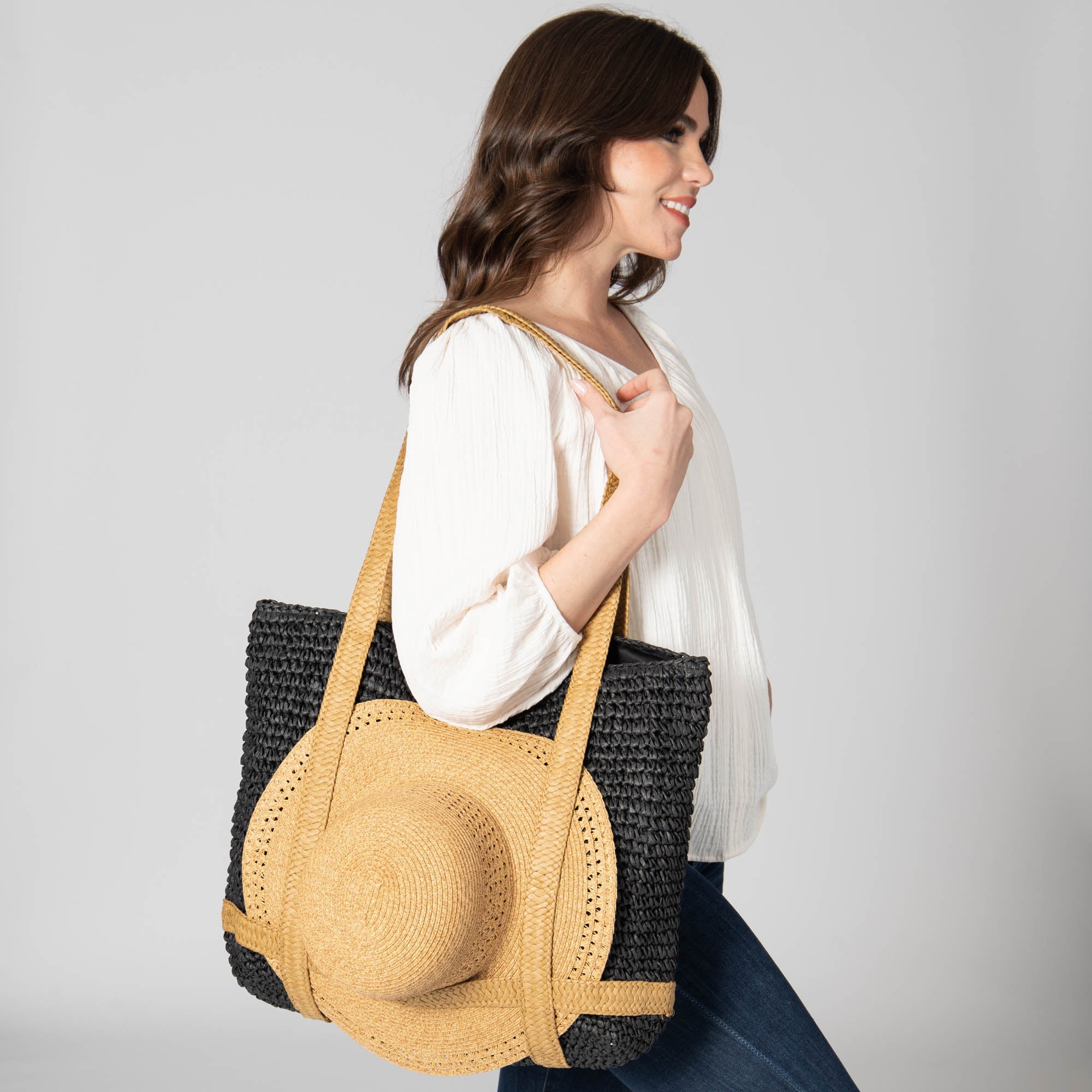 Stylish Woven Tote Bag with Hat Holder Straps - Perfect for Beach, Travel & Day Trips - Lightweight & Durable Carryall