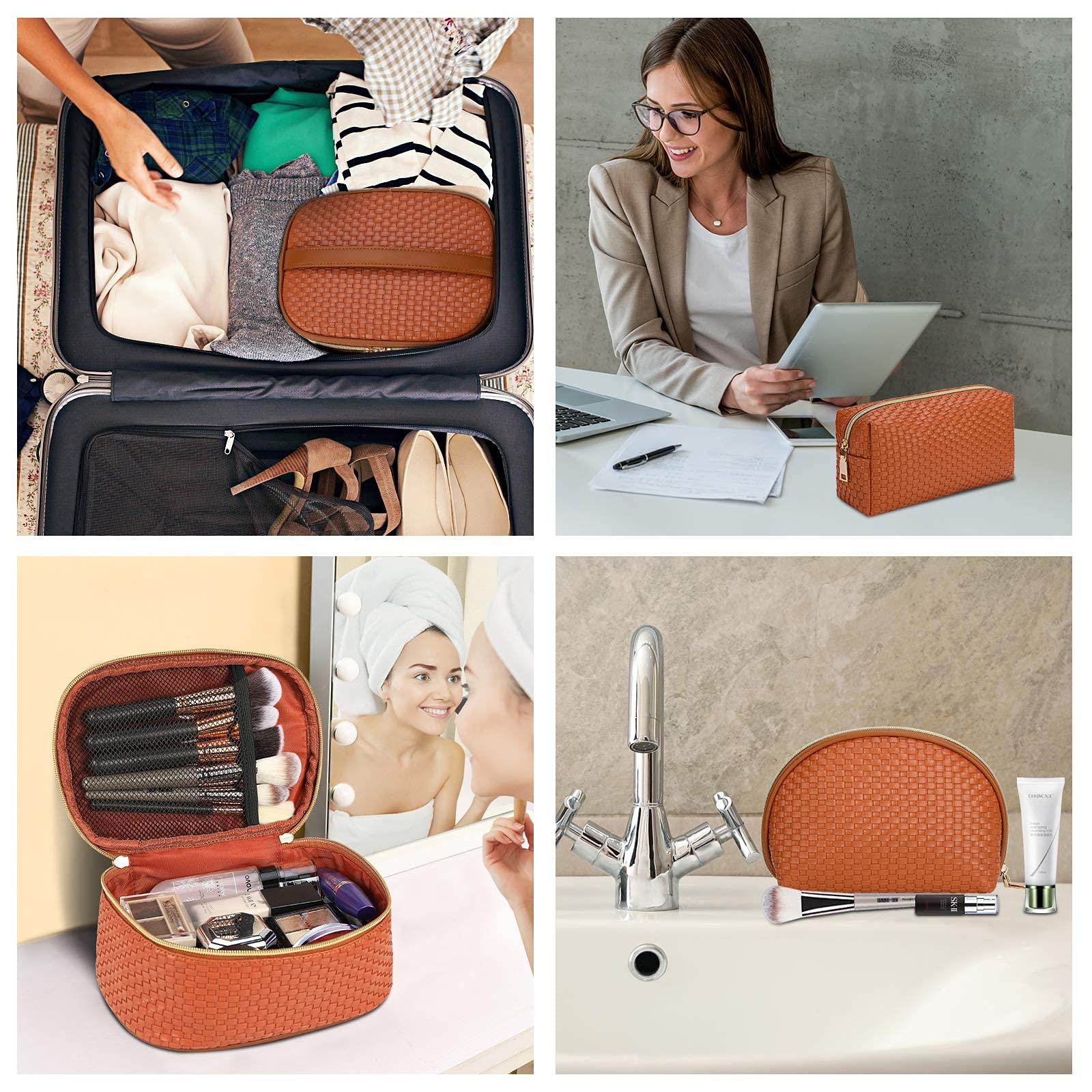 KTMOUW 3-Piece Waterproof Makeup Bag Set - Portable Travel Cosmetic Organizer with Multifunctional Storage | Perfect for Women's Toiletries, Cosmetics & Travel Essentials (Brown, Woven Design) | Ideal for Travel, Gym, Daily Use & Gift Giving
