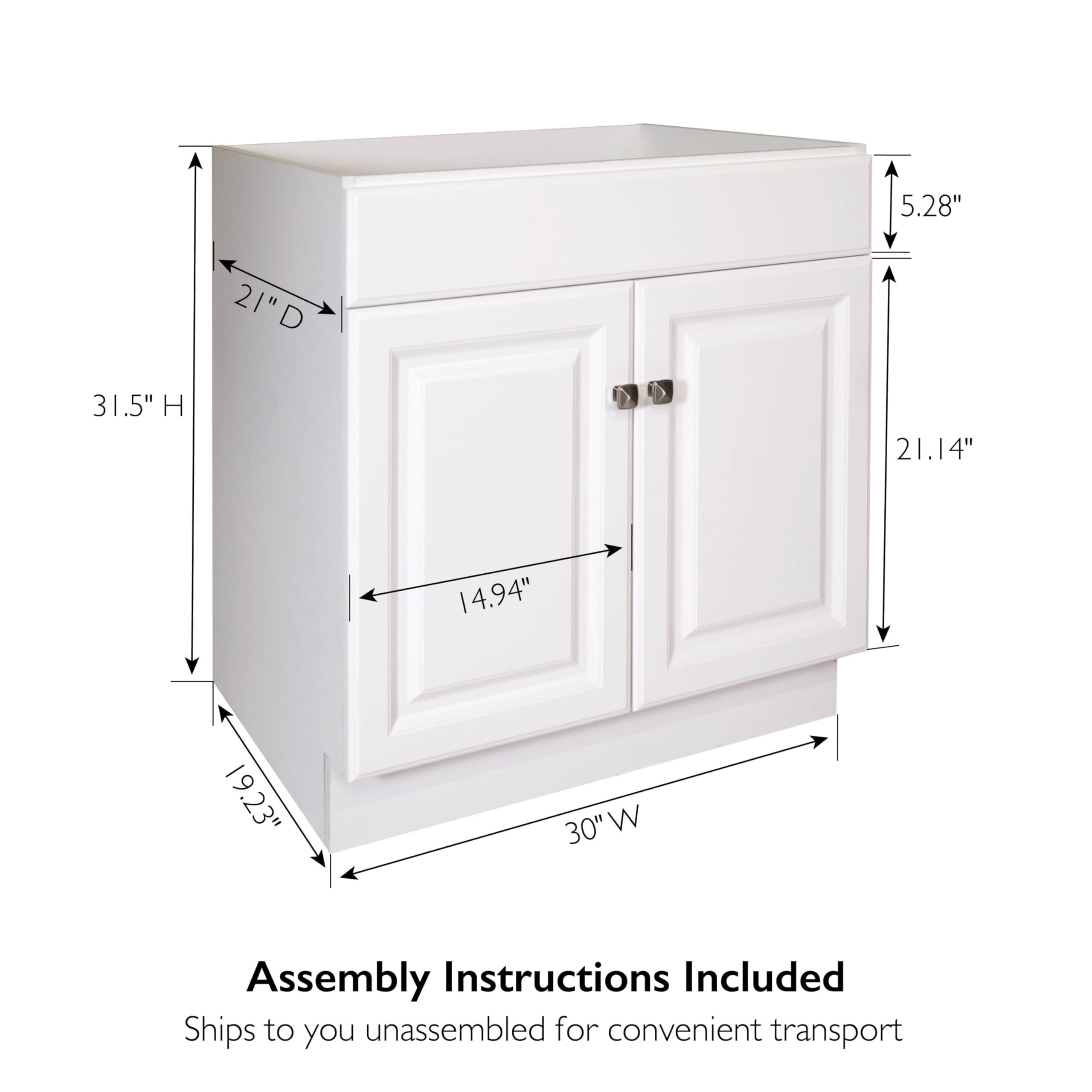 Wyndham 30-inch Unassembled Bathroom Vanity Cabinet Without Top - White Finish, 2 Door Design for Modern Bathroom Remodeling | Perfect for Small Bathrooms & Powder Rooms