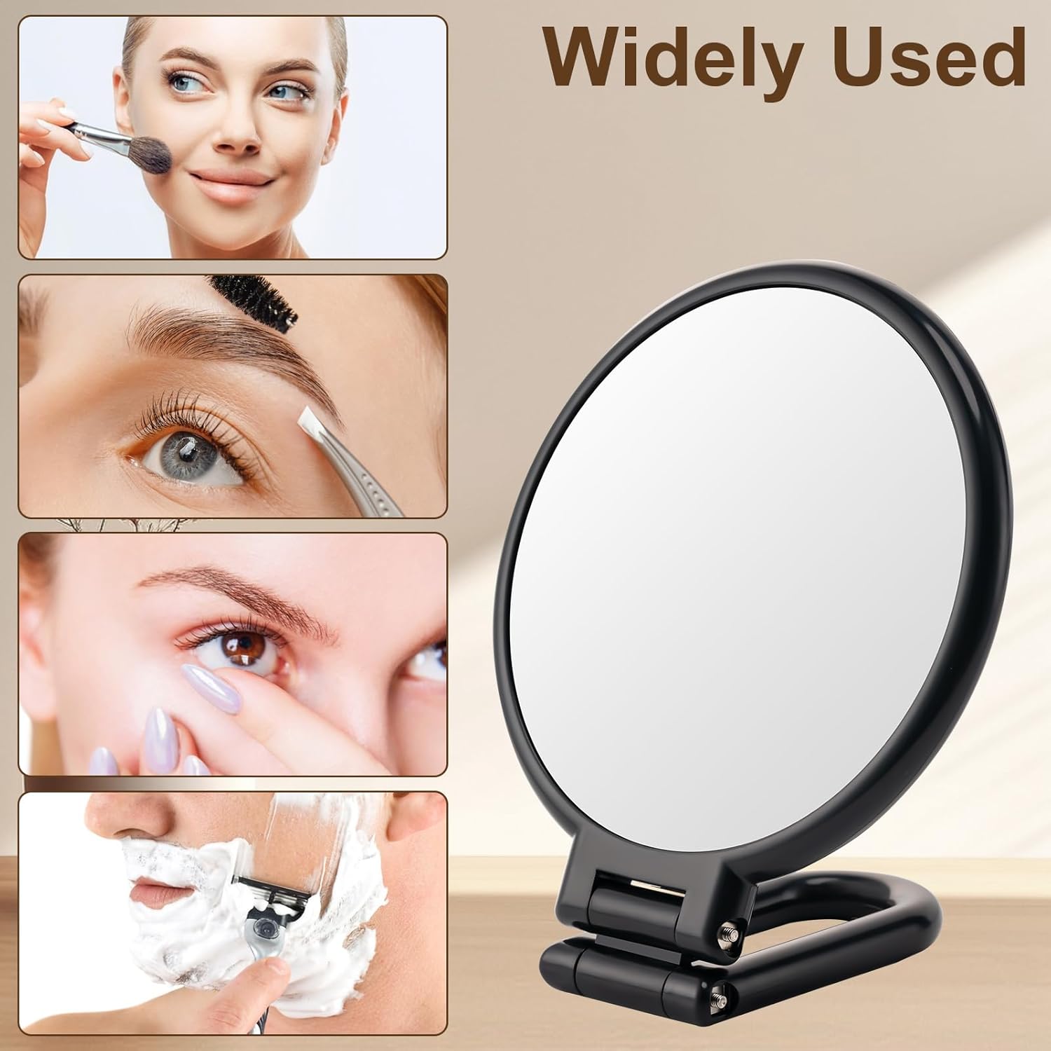 BOOMIBOO 10X Magnifying Mirror with Light, Double-Sided Foldable Travel Makeup Mirror - Adjustable Rotation, Handheld/Desk/Hanging Vanity Mirror for Makeup, Skincare & Eyebrow Grooming - Perfect for Travel, Bathroom & Dressing Table (Black)