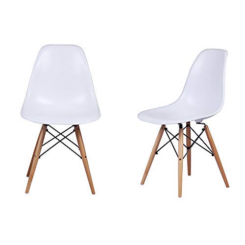 GIA Mid-Century Modern Plastic Armless Dining Chairs with Wooden Beech Legs - Set of 2 in White | Perfect for Kitchen, Dining Room & Small Space Decor