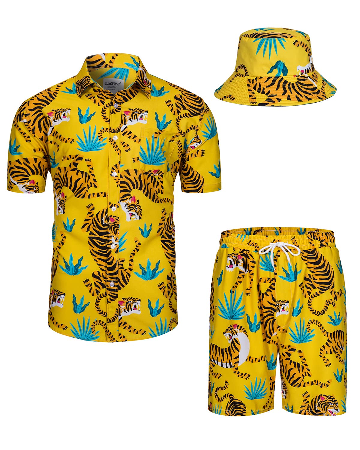 TUNEVUSE Men's Hawaiian Shirt and Shorts Set - 2 Piece Tropical Beach Outfit with Floral Print & Bucket Hat | Summer Vacation, Luau Party, Poolside Relaxation Outfit