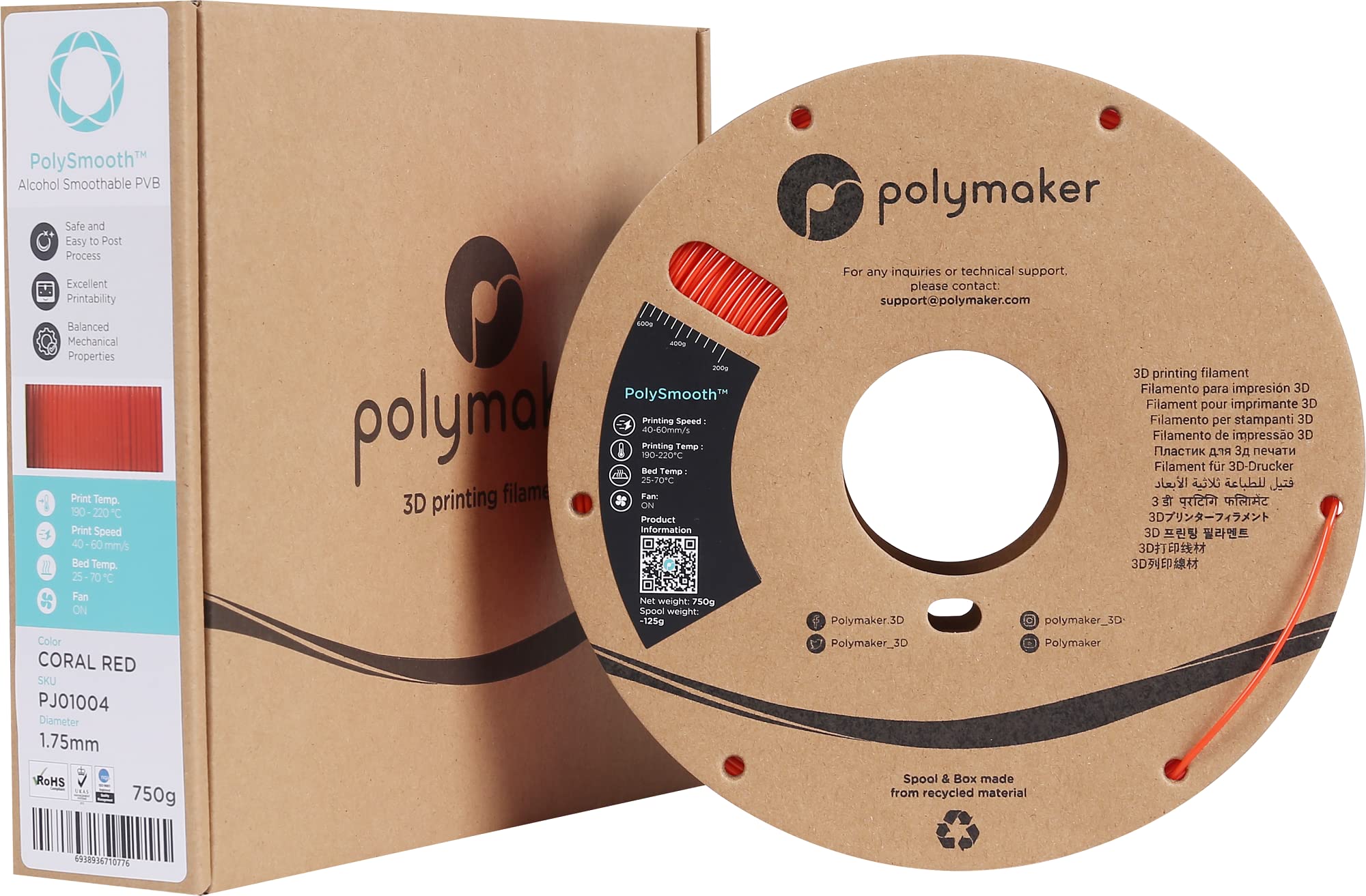 Polymaker PolySmooth PVB 3D Printer Filament 1.75mm Red - 750g Cardboard Spool, Easy Post-Processing with IPA Alcohol, Compatible with Polysher - Perfect for Smoothing Prints, Cosplay Props & Functional Prototypes