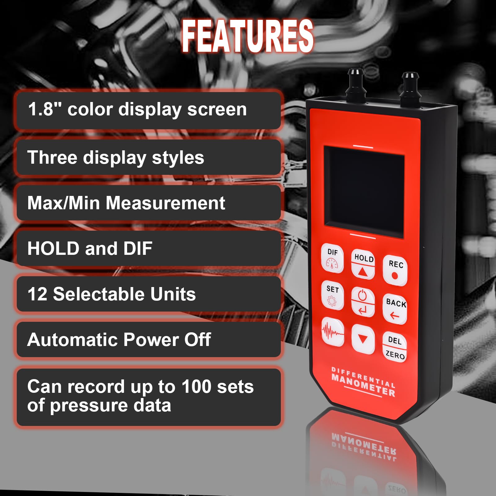 Professional Digital Manometer - Dual-Port HVAC Air Pressure Meter & Gas Pressure Tester with 12 Selectable Units, Large Backlit TFT Display | Ideal for HVAC Technicians, Industrial Maintenance & Home DIY Projects