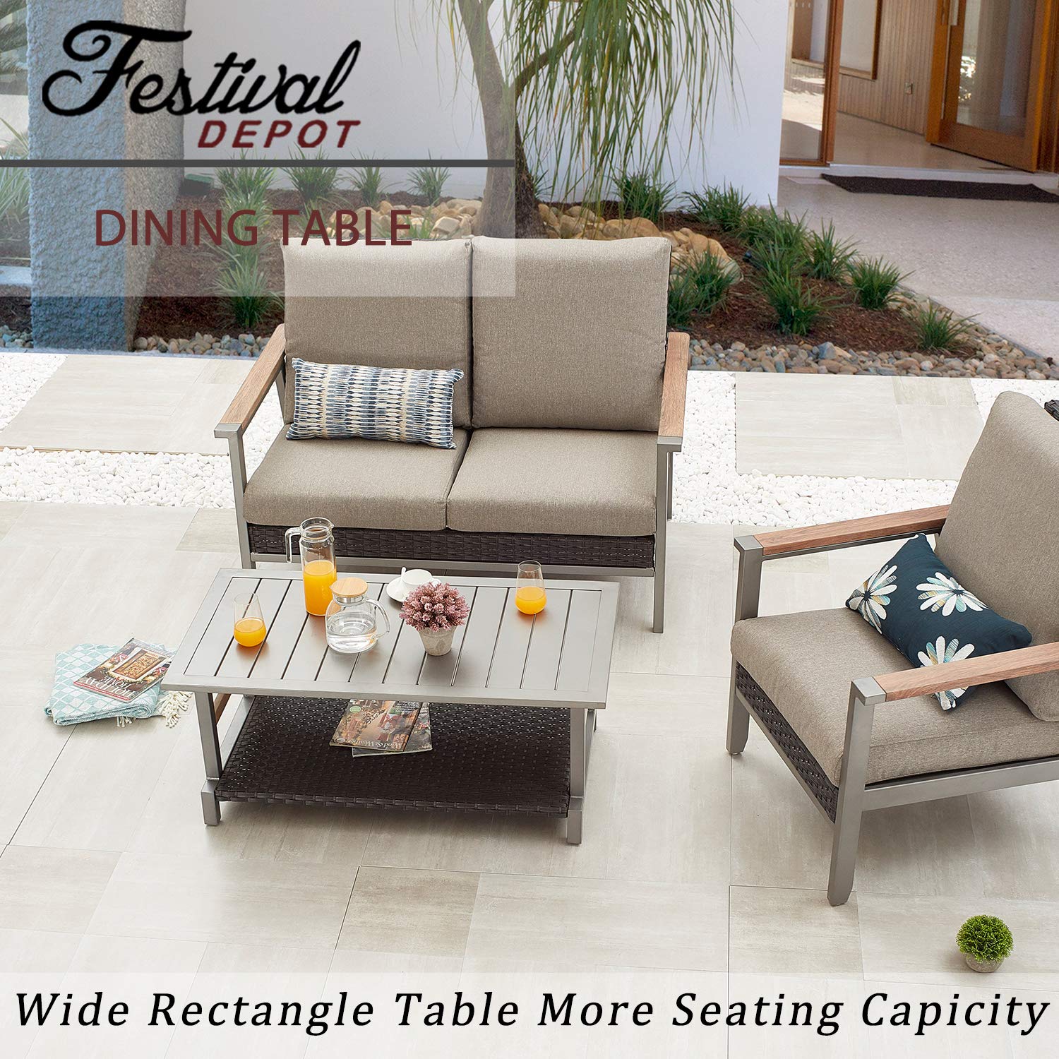 Festival Depot Outdoor Patio Coffee Table - Rectangle Metal Slatted Top with Wicker Rattan Storage Shelf - Garden Yard Furniture for Dining, Lounging & Entertaining - Weather-Resistant Grey