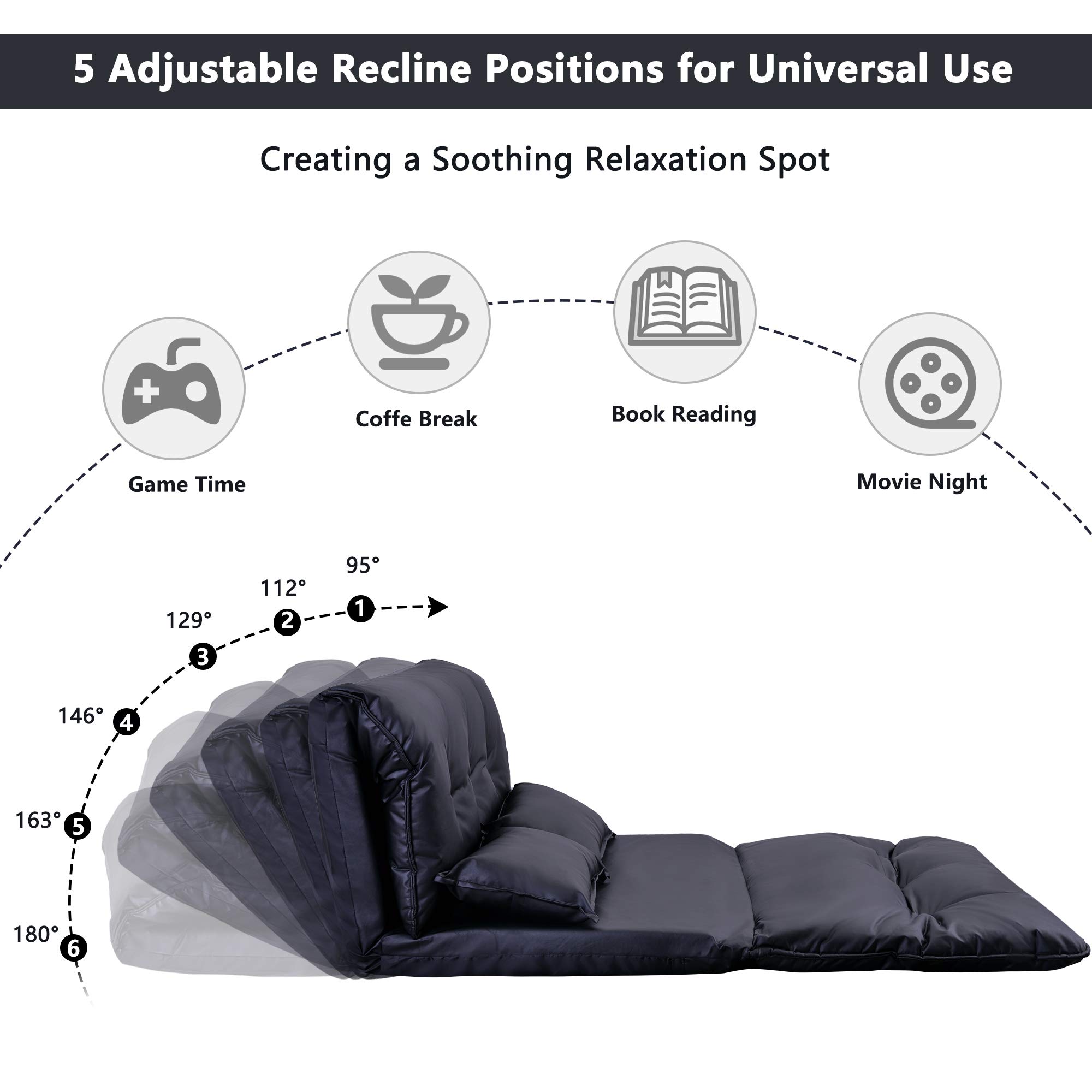 Adjustable Lazy Sofa Bed - Modern PU Leather Floor Sofa for Living Room & Bedroom, Video Gaming Recliner with 2 Pillows (Black) | Perfect for Relaxing, Lounging & Gaming