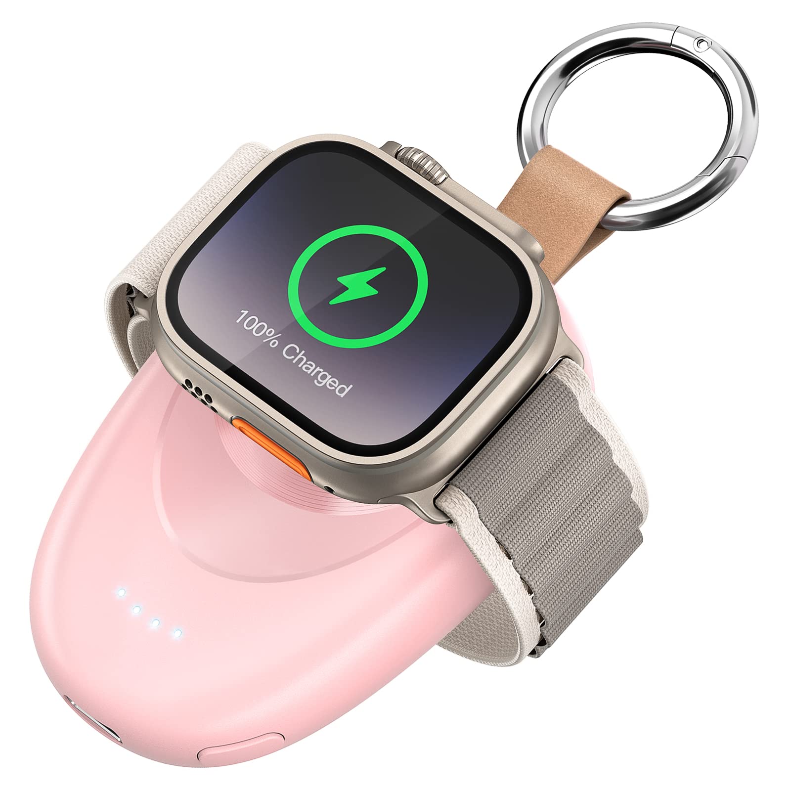 GagaKing Portable Magnetic Charger for Apple Watch Series 10/9/8/7/6/5/4/3/2/SE/Ultra 2/Ultra - 1400mAh Fast Charging Power Bank with Keychain - Pink | Perfect for Travel, Gym & Outdoor Activities