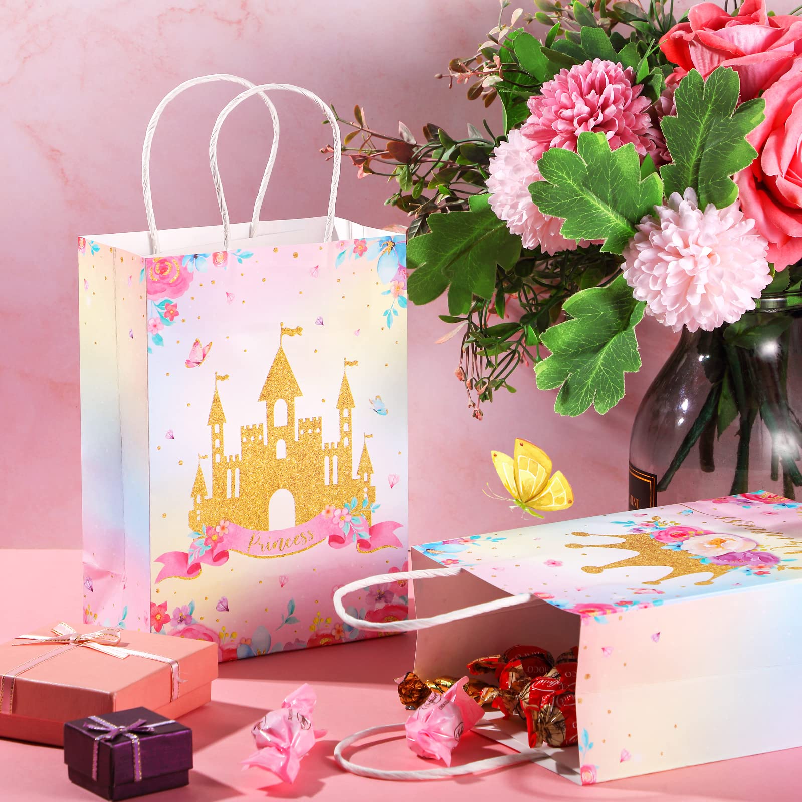16 Pcs Princess & Prince Party Favor Bags - Elegant Goodie Gift Candy Bags for Birthday, Baby Shower & Royal Themed Parties - Perfect for Kids' Celebrations, Classroom Rewards & Wedding Favors