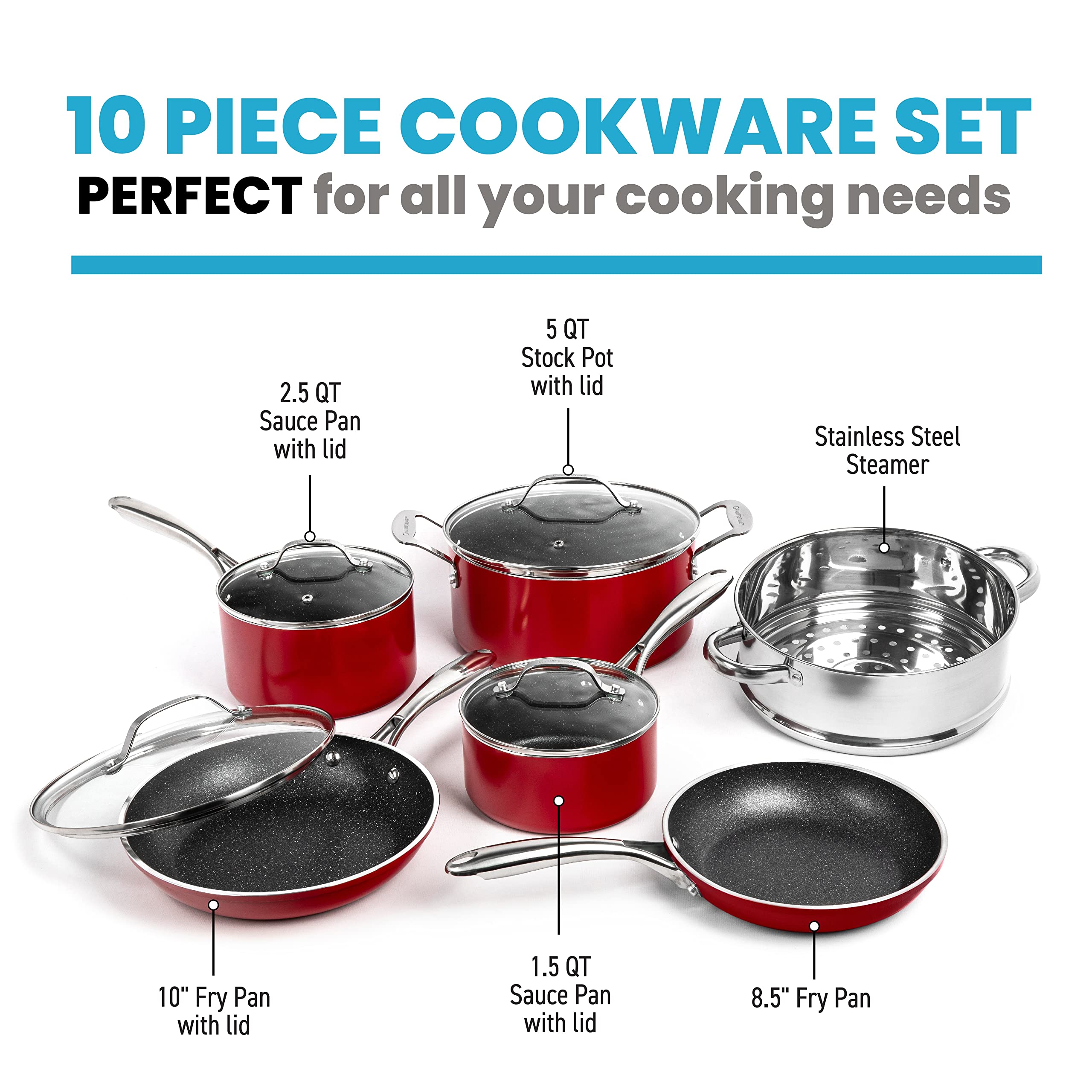 GraniteStone 10-Piece Nonstick Cookware Set - Red Granite Coated Pots and Pans with Diamond Infused Technology | Durable Kitchen Cookware for Frying, Boiling & Sauteing | Perfect for Gas, Electric & Induction Stovetops
