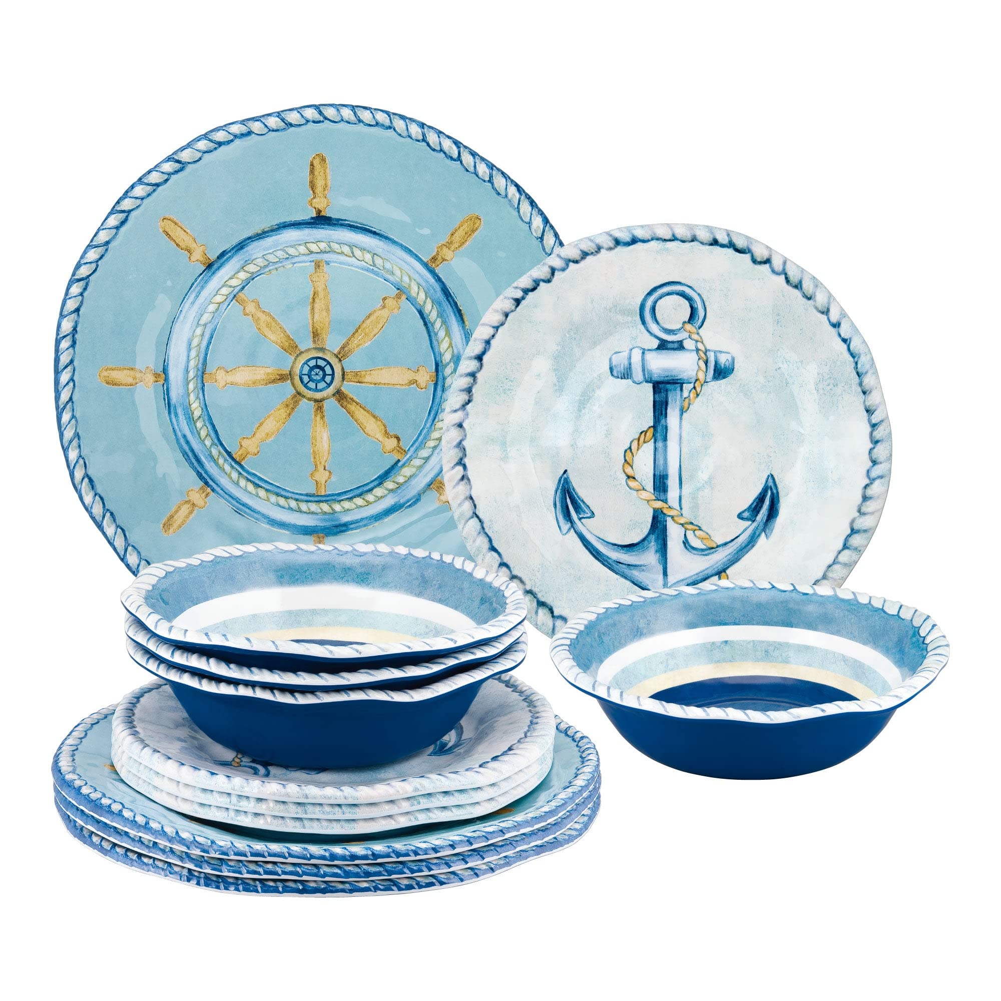 UPware 12-Piece Melamine Dinnerware Set - 4 Dinner Plates, 4 Salad Plates, 4 Bowls - Shatterproof & Lightweight for Outdoor Dining, Picnics, Camping & RV Trips - Service for 4 (Sail Away Design)