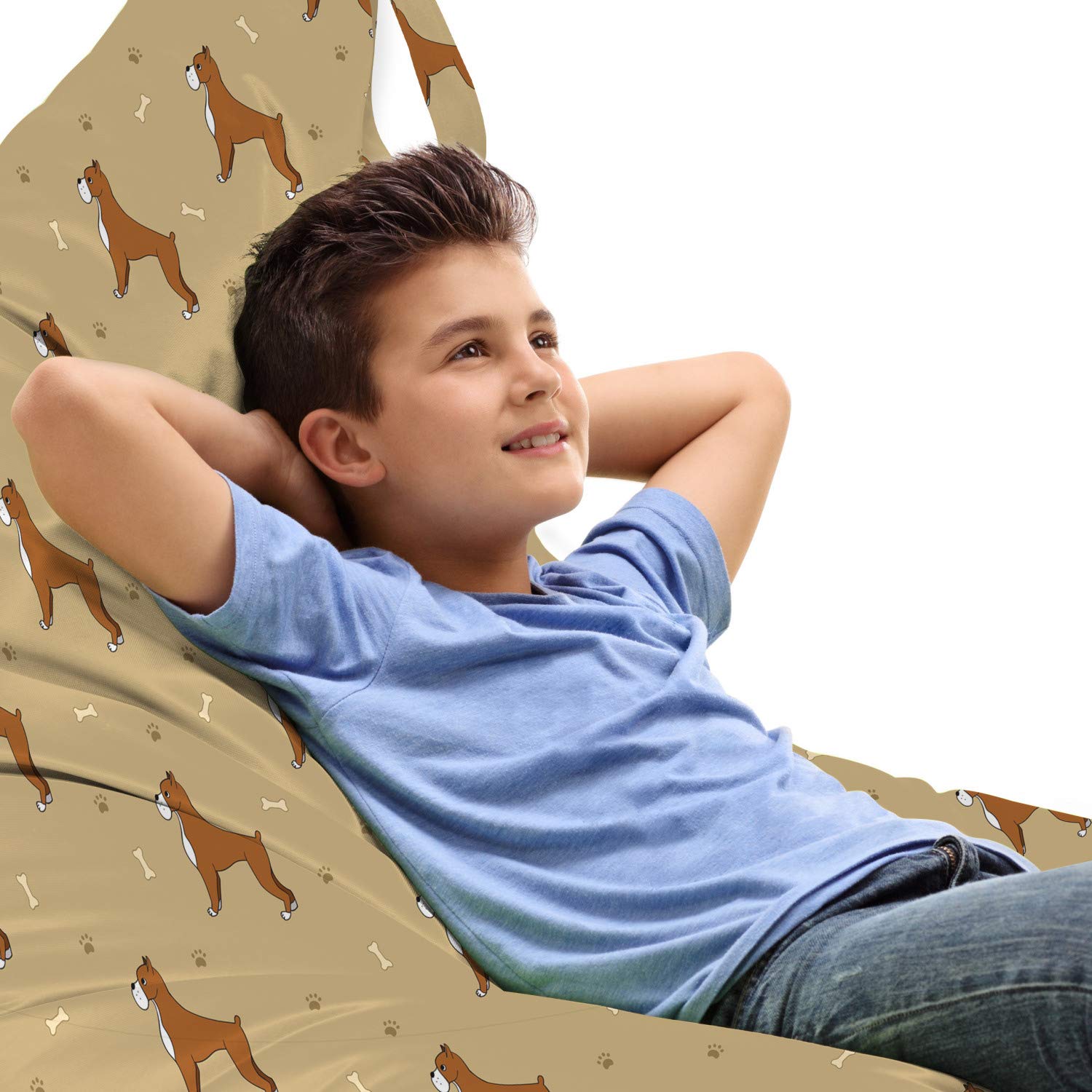 Ambesonne Boxer Dog Lounger Chair Storage Bag - Cartoon Purebred Dogs Paw Prints & Bones Design - High Capacity Pet Bed Storage with Handle - Pale Brown Caramel White - Perfect for Dog Lovers' Home Decor & Pet Bed Organization