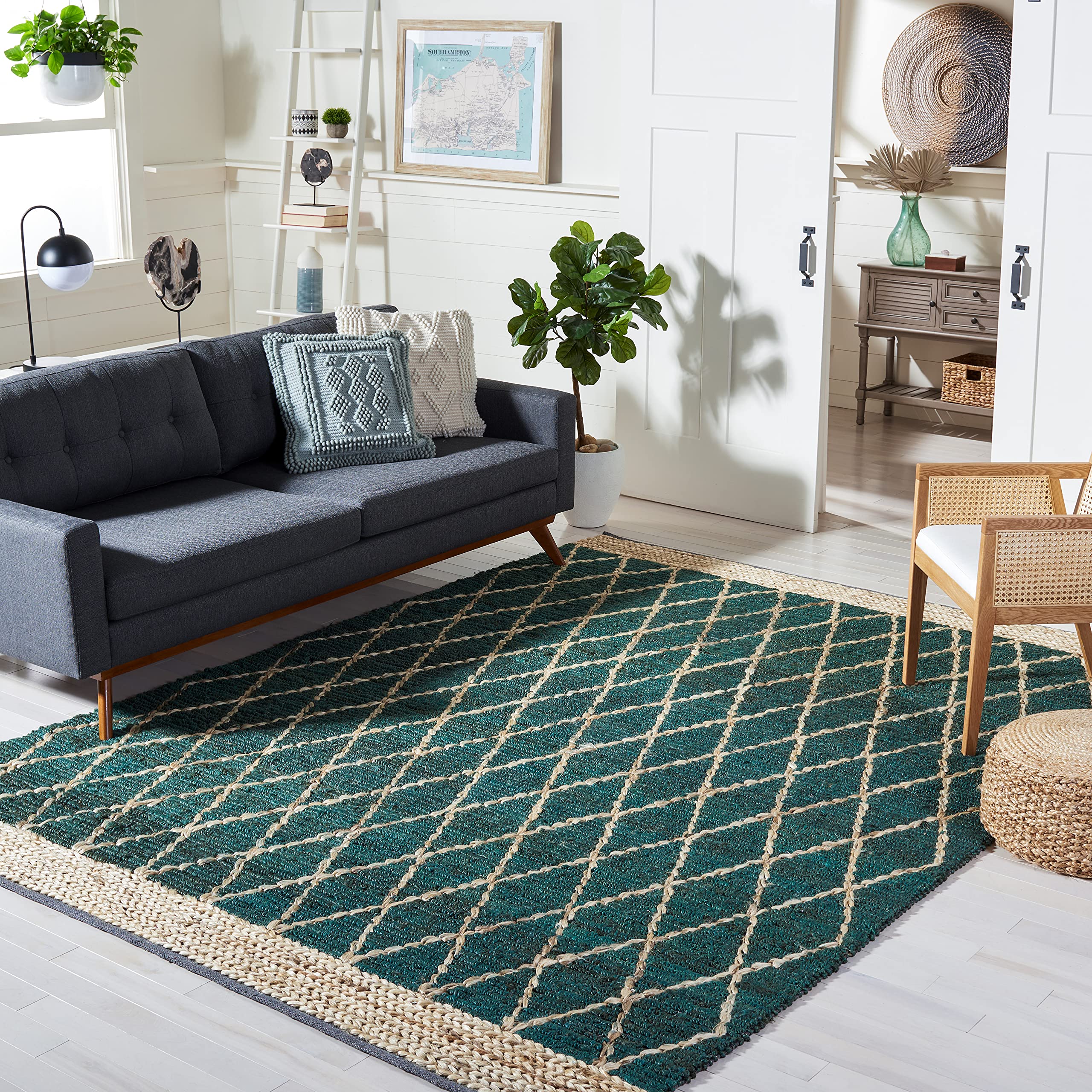 SAFAVIEH Handmade Boho Moroccan Trellis Jute Area Rug - 6' Square Dark Green/Natural (NF951Y) | Natural Fiber Collection | Premium Living Room, Dining Room & Bedroom Rug for Boho Chic Decor