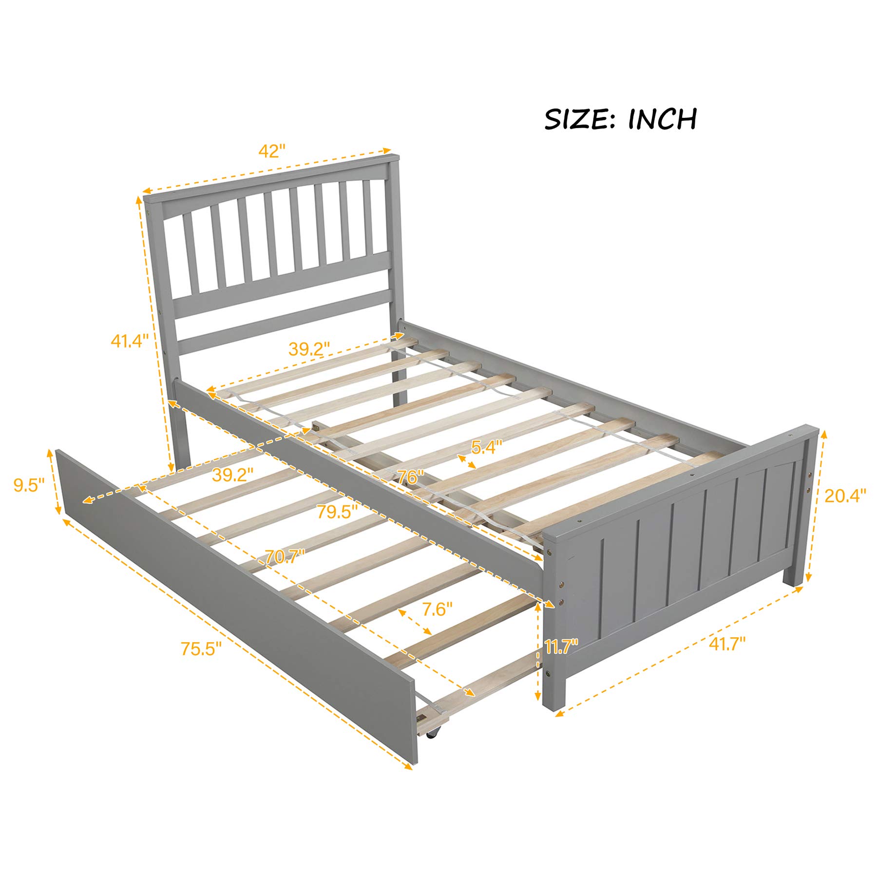 P PURLOVE Twin Size Wood Platform Bed Frame with Trundle - No Box Spring Needed, Gray - Perfect for Kids Rooms, Guest Beds & Small Spaces
