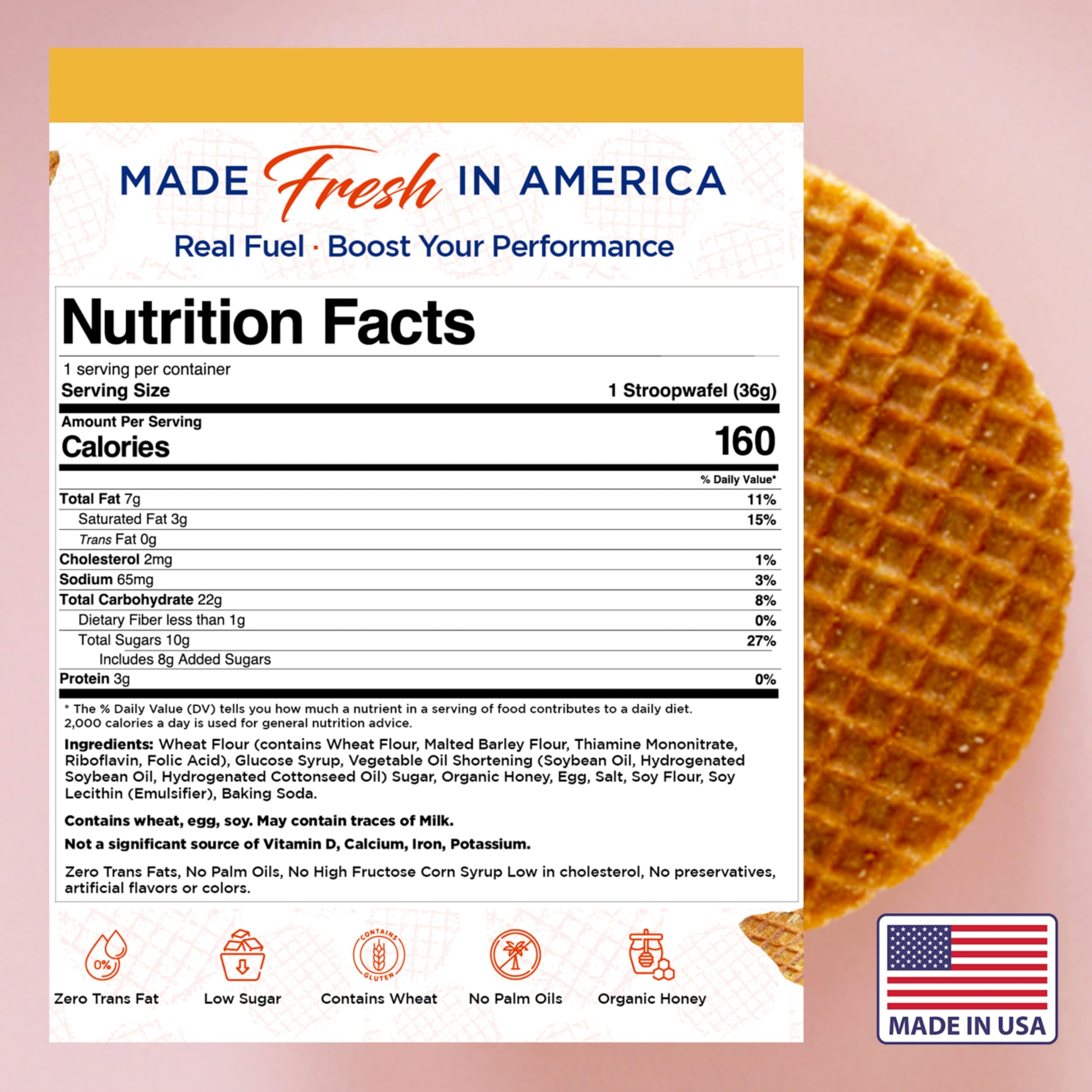 Original Dutch Honey Energy Waffles - Individually Wrapped Stroopwafels - Box of 20 - Perfect for Hiking & Office Snacks