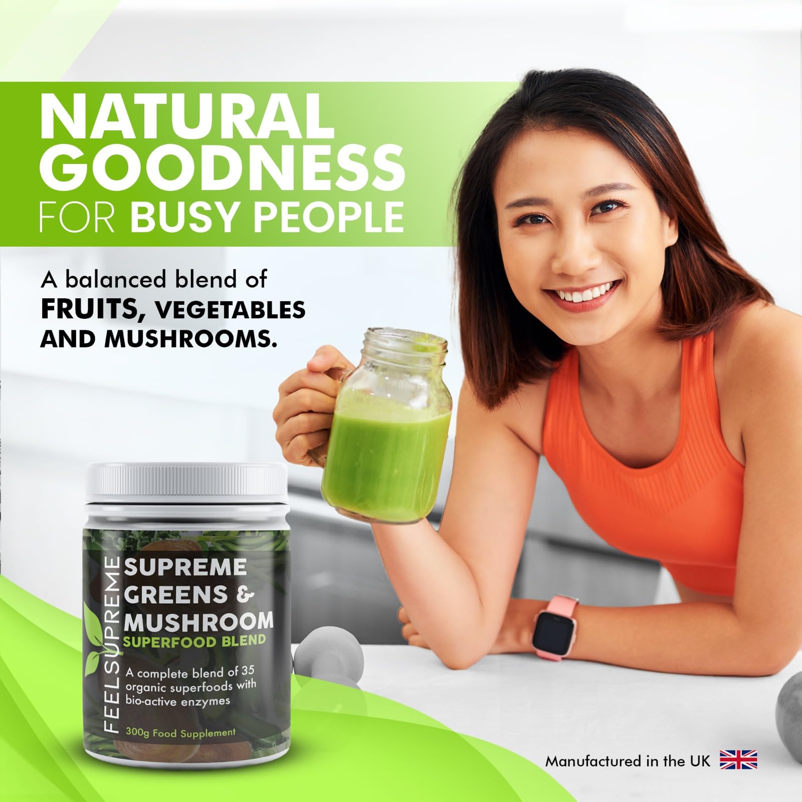 Feel Supreme - Organic Super Greens & Mushroom Powder with 35 Superfoods - High in Fiber, Protein, Vitamin C & Spirulina - No Added Sugar - 300g Greens Supplement for Energy, Detox & Immune Support - Perfect for Smoothies, Juices & Wellness Routines