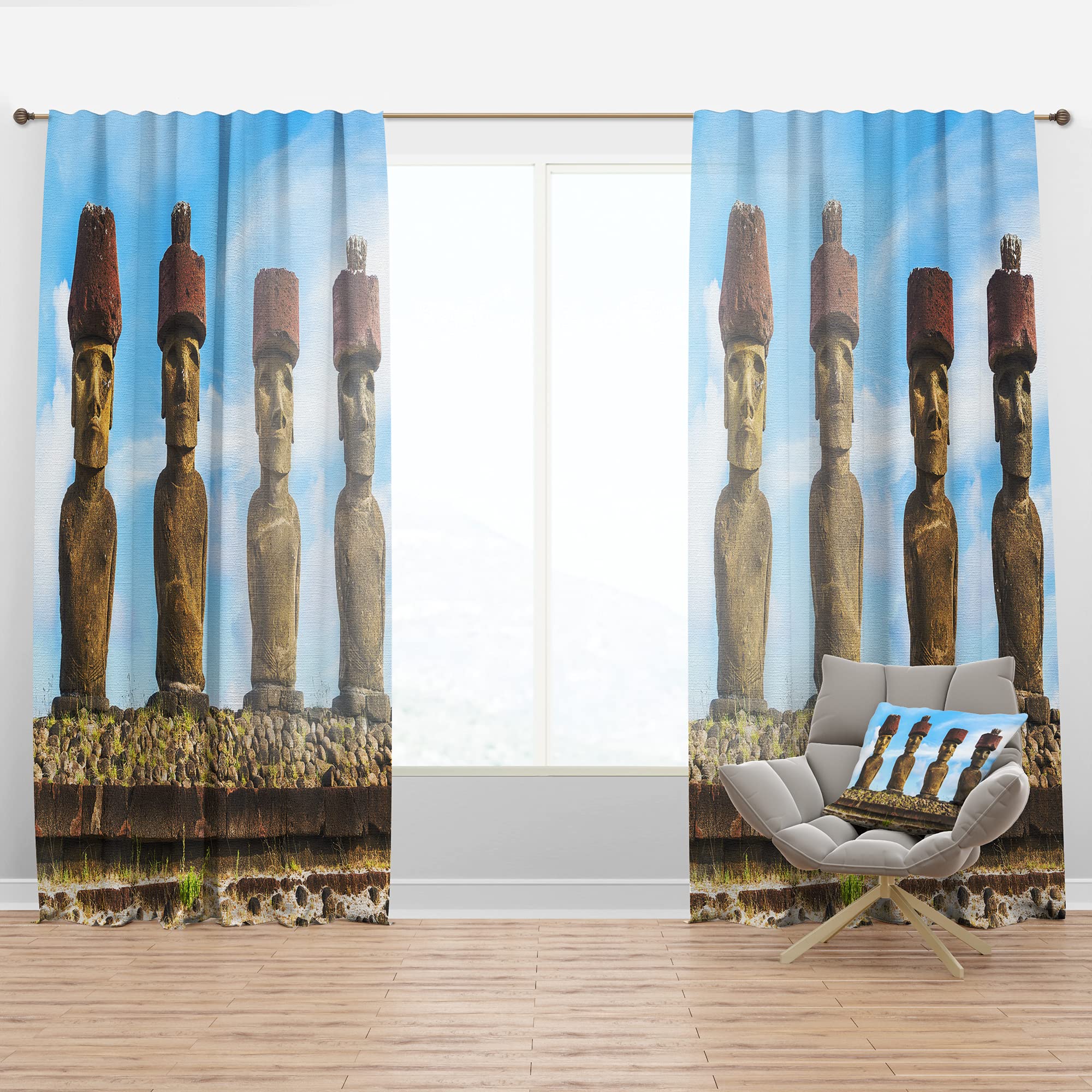 DesignQ Thermal Insulated Blackout Curtains - 'Moai with Red Topknot Hat' Pattern - Single Panel 52x63 Inches for Bedroom & Living Room - Noise Reducing & Energy Saving Window Drapes for Home Decor