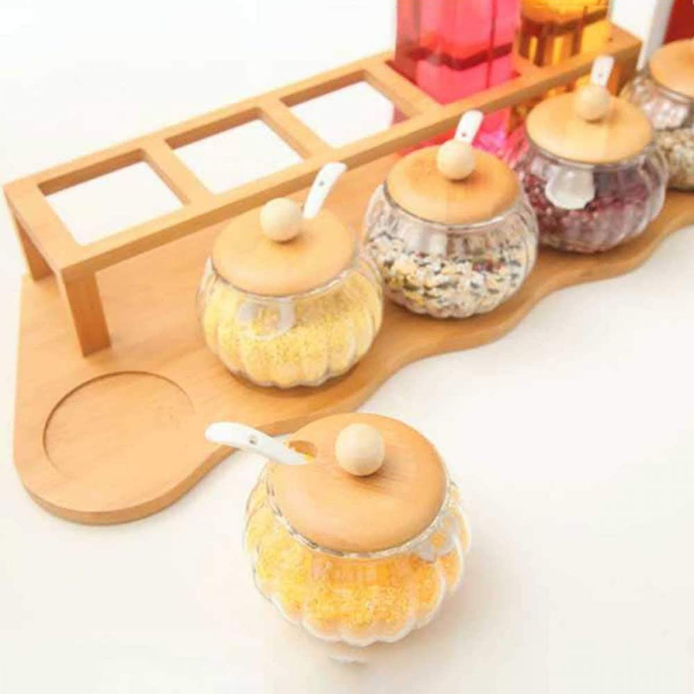 10-Piece Glass Spice Jar Set with Bamboo Wood Storage Rack - Vinegar & Oil Cruet Bottles with Spoon - Perfect for Kitchen Pantry Organization & Seasoning Display