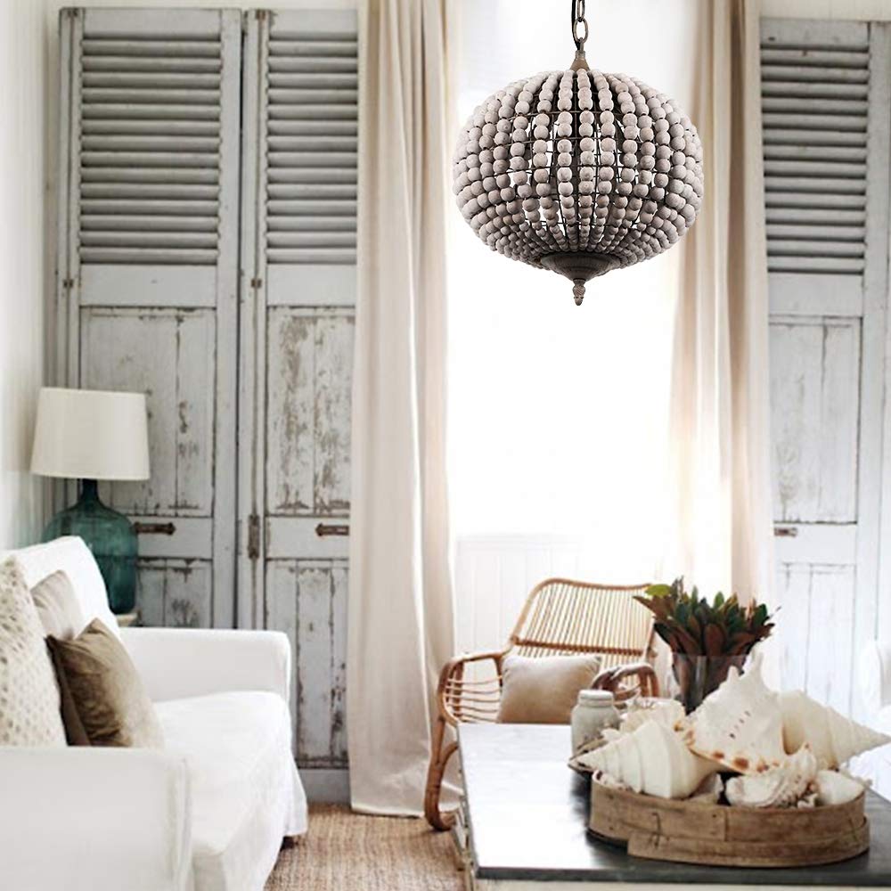 Bohemian Gray White Wood Bead Chandelier Pendant Light - Handcrafted Globe Ceiling Lamp for Bedroom, Dining Room & Living Room | Perfect for Beach House Decor, Farmhouse Style & Boho Home Lighting
