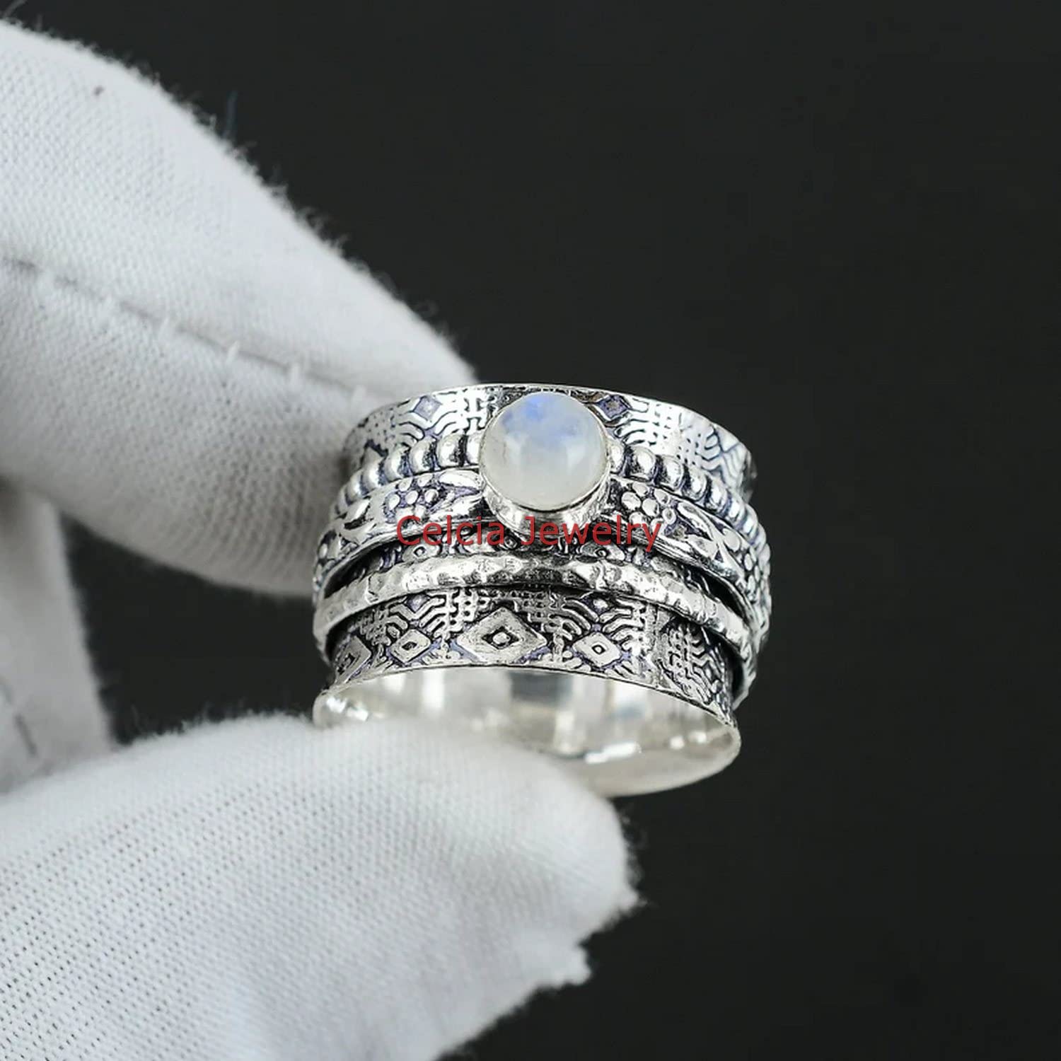 Natural Rainbow Moonstone Spinner Ring for Women & Men - June Birthstone Jewelry, Meditation & Anxiety Relief Fidget Ring, US Size 7 - Perfect for Stress Relief, Focus & Spiritual Healing
