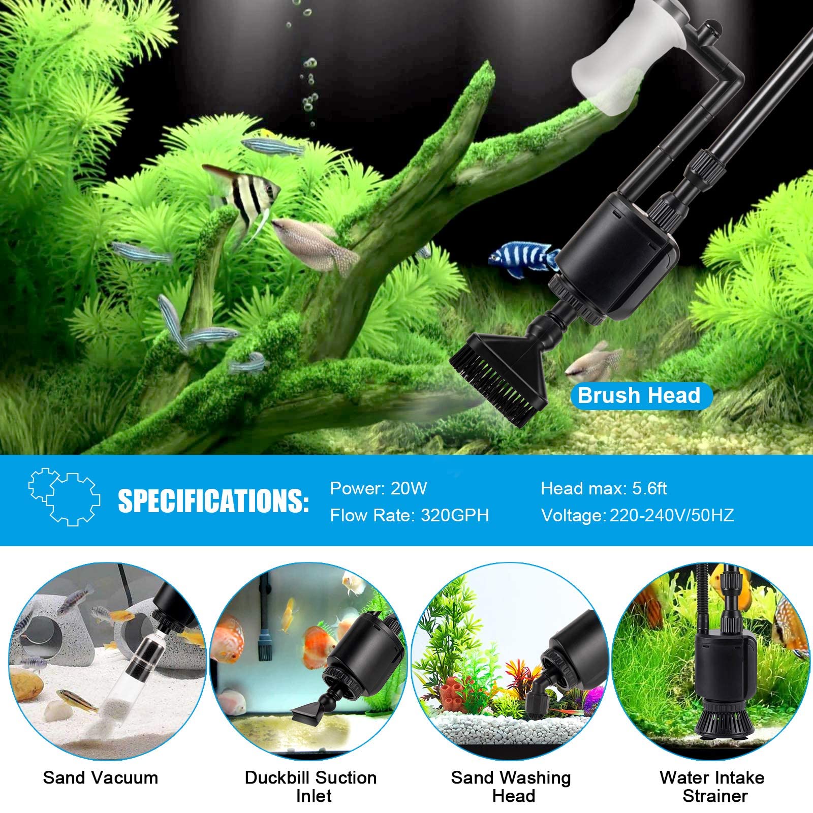 AQQA 6-in-1 Electric Aquarium Gravel Cleaner & Siphon Kit - Fish Tank Vacuum Water Changer for Dirt Removal & Sand Washing | Perfect for Freshwater & Saltwater Tank Maintenance