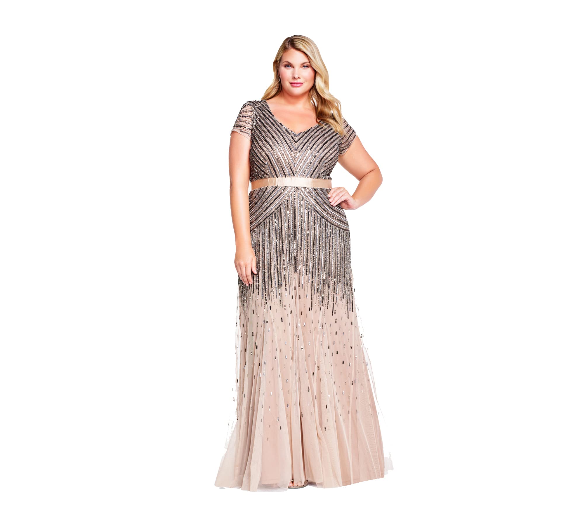 Adrianna Papell Women's Plus Size Beaded V-Neck Floor Length Evening Dress for Weddings, Galas & Special Occasions
