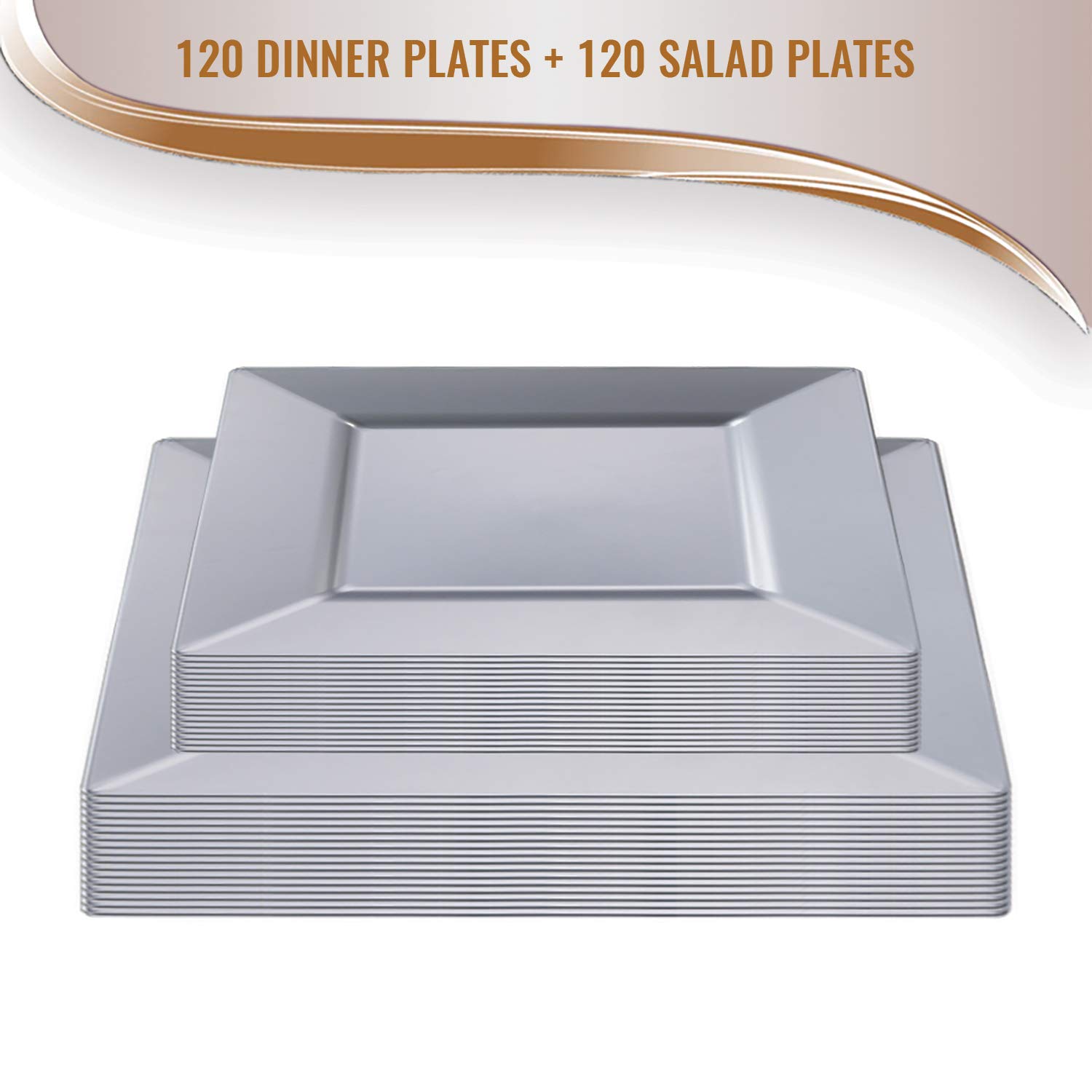 Premium Disposable Plastic Dinnerware Set - Heavy Duty Silver Plastic Plates for 120 Guests - Elegant & Durable Party Supplies for Weddings, Events & Catering