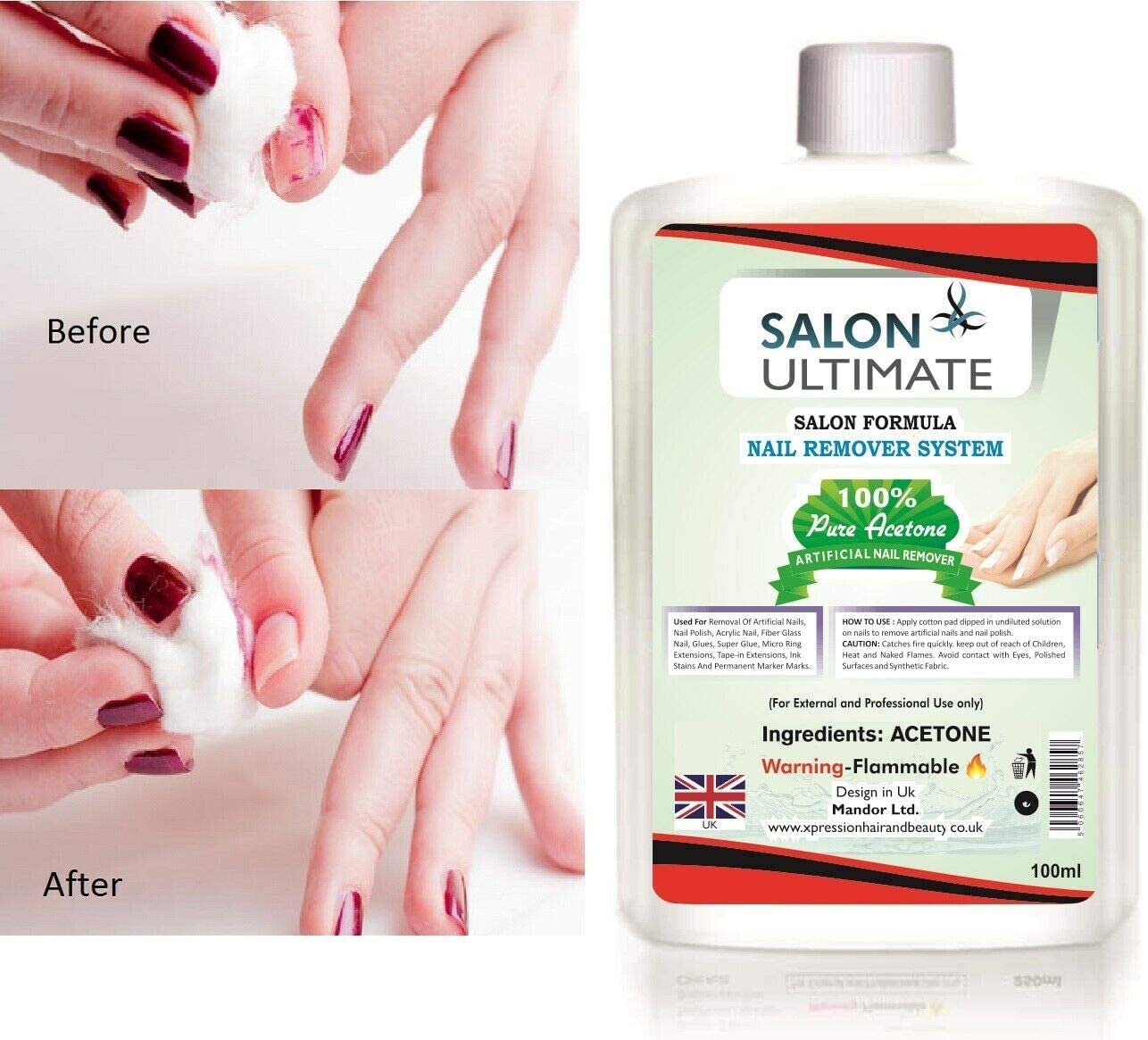 SALON ULTIMATE Professional 100% Pure Acetone Nail Polish Remover - Fast Acting Formula for UV/LED Gel, Acrylic Nails, Tips & Glue (100ml, Transparent) | Perfect for Salon & Home Manicure/Pedicure Care