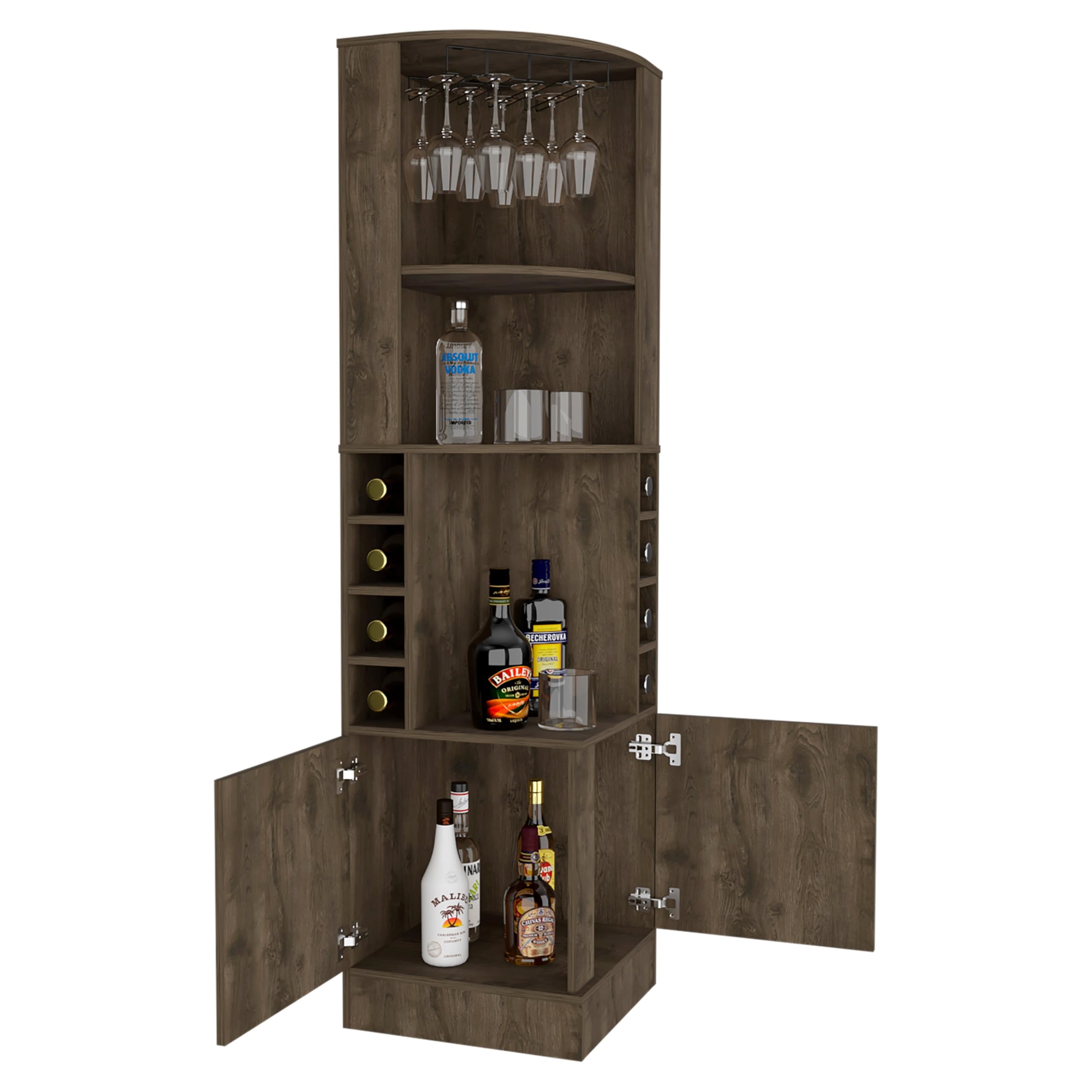 Tuhome Syrah Corner Bar Cabinet with 8 Bottle Cubbies, Double Doors & 2 Open Shelves - Dark Brown for Living Room, Dining Room or Home Bar Storage