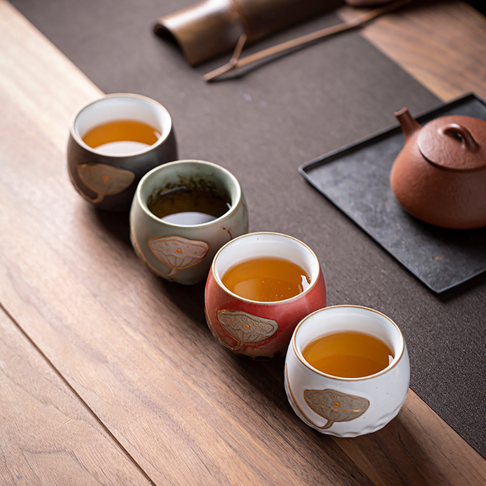 Premium Handcrafted Kiln-Fired Lotus Kung Fu Tea Cup Set of 4 - Traditional Chinese Ceramic Teacups for Gongfu Tea Ceremony, Home Decor & Gift Giving