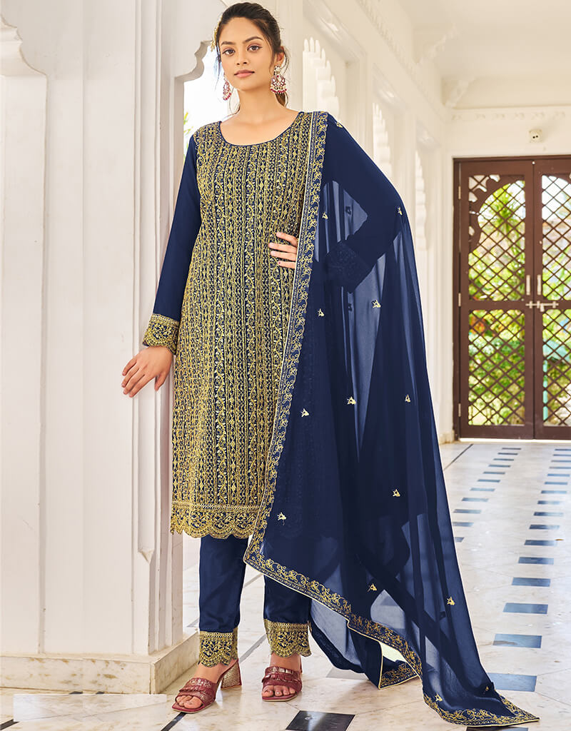 Blue Georgette Straight Leg Pants for Women - Elegant Office Wear & Casual Outfits